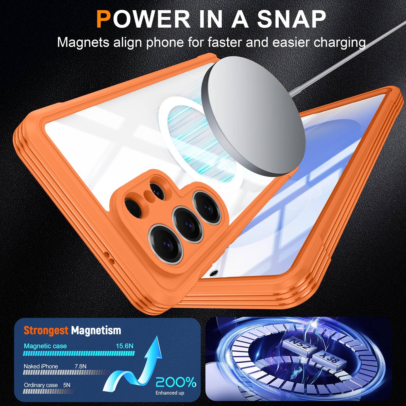 POWER IN A SNAP  
Magnets align phone for faster and easier charging  

Strongest Magnetism  
Magnetic case 15.6N  
Naked iPhone 7.8N  
Ordinary case 5N  

200% Enhanced up  
N52 X38
