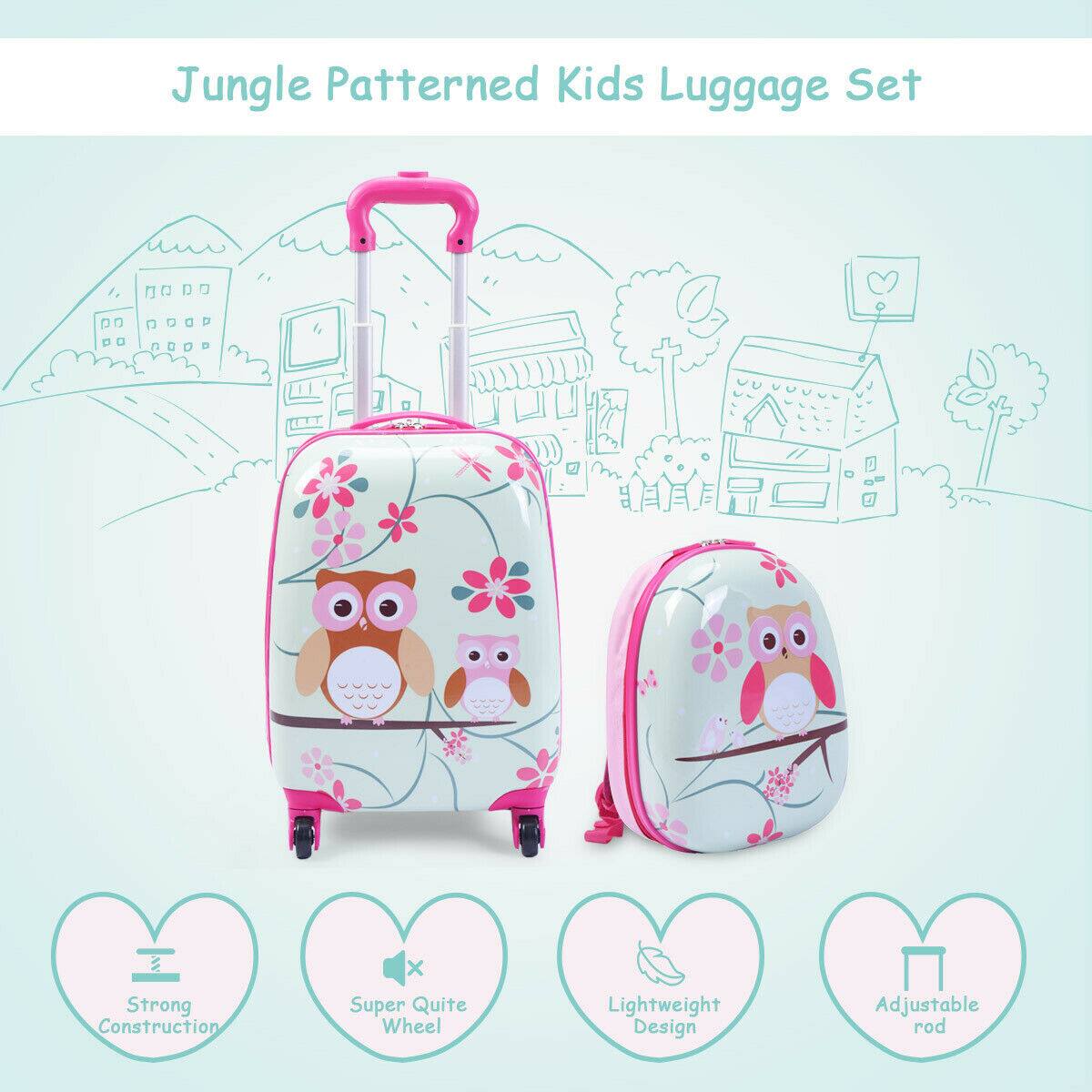 Jungle Patterned Kids Luggage Set: Strong Construction, Super Quiet Wheels, Lightweight Design, Adjustable Rod.