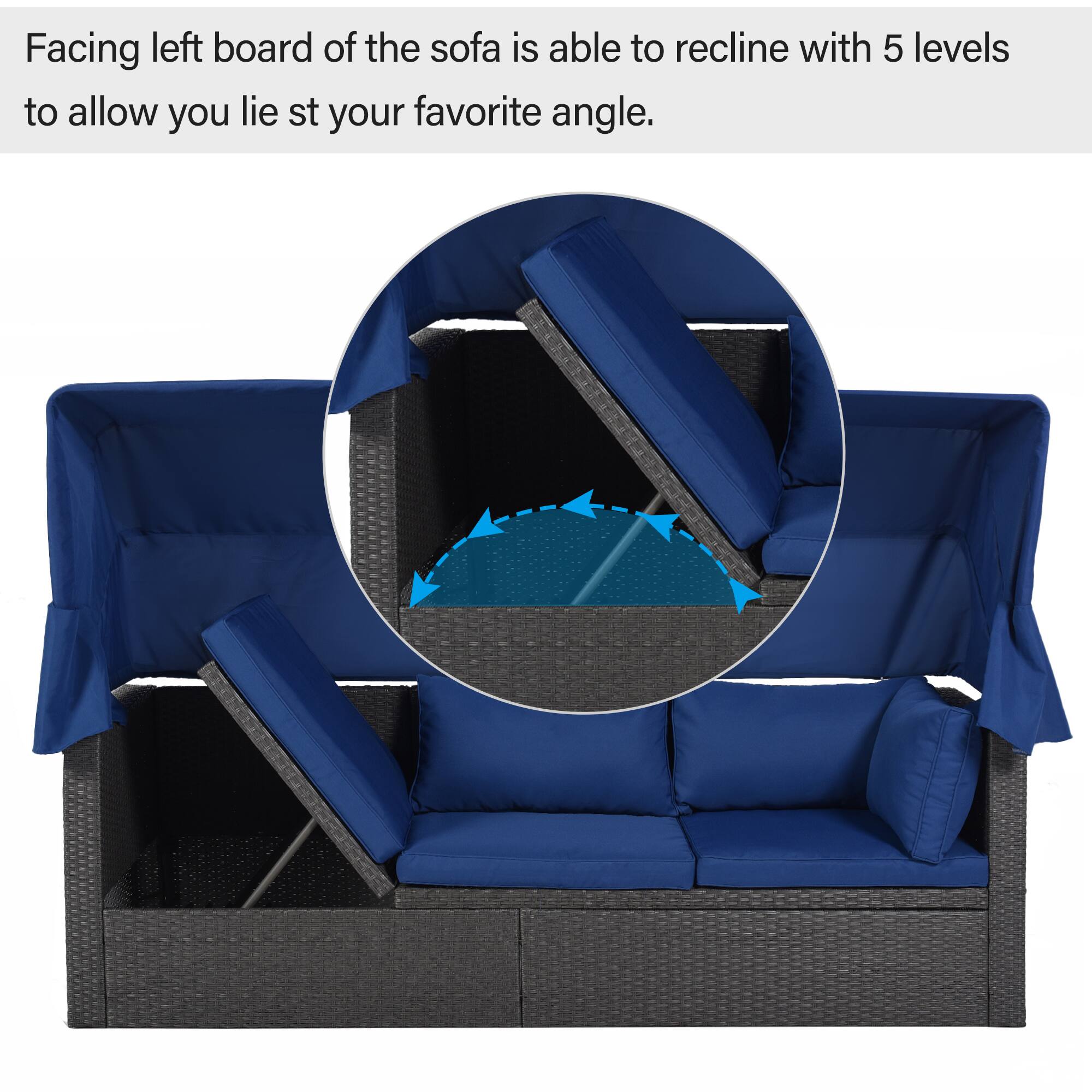 Facing left board of the sofa is able to recline with 5 levels to allow you lie at your favorite angle.