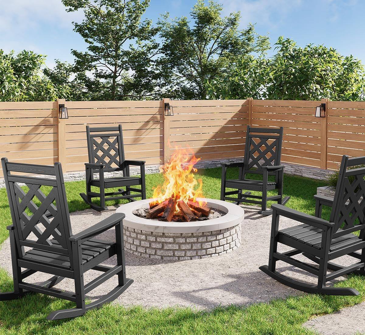 Front. Acekool - Outdoor Rocking Chair Set of 4, HDPE Weather-Resistant Adirondack Rockers, 380 lbs Support, Wood Texture, Black - Black.