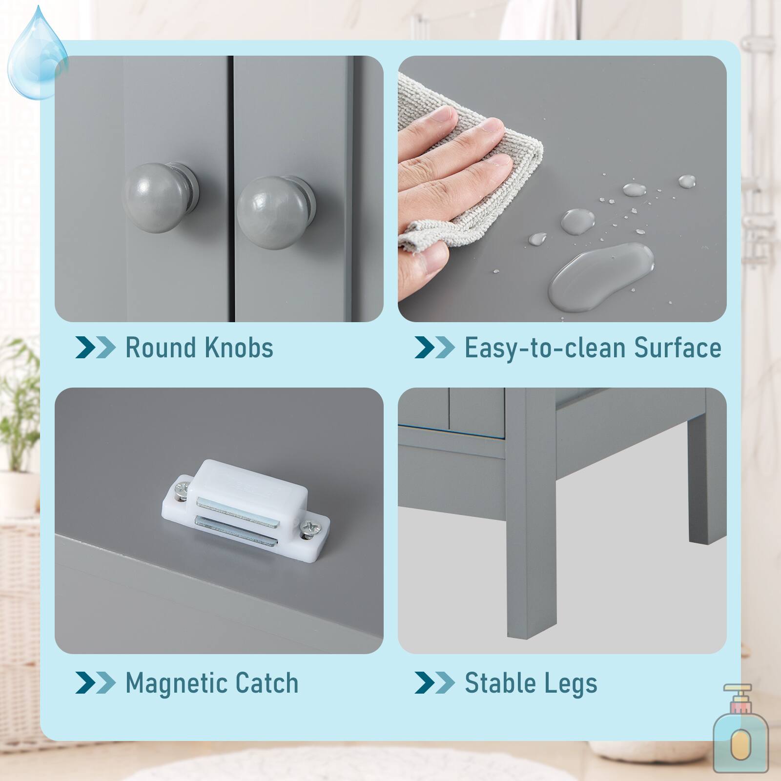 Round Knobs, Easy-to-clean Surface, Magnetic Catch, Stable Legs