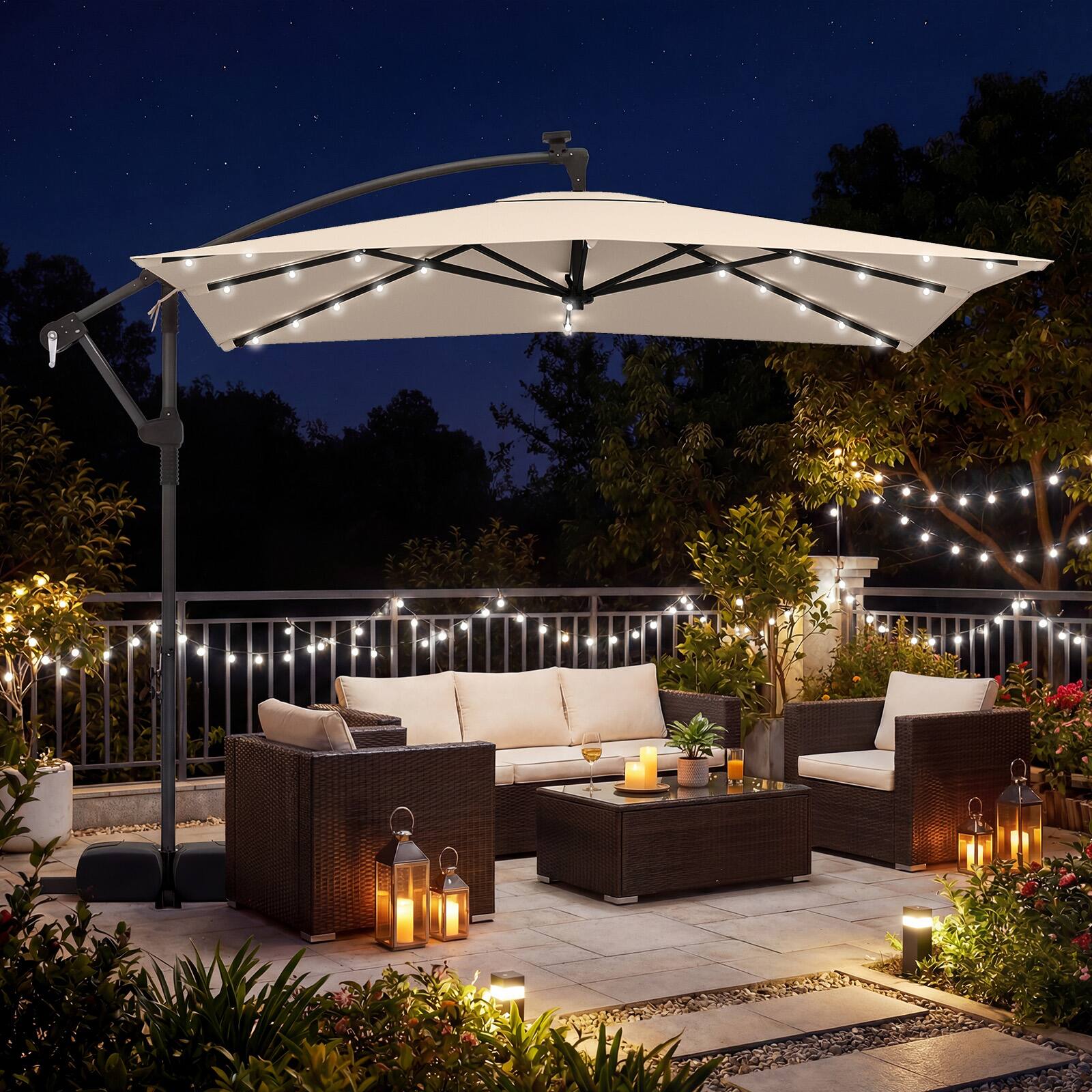 Alt View 3. Costway - Costway 8 x 8 FT Solar LED Offset Cantilever Patio Umbrella, Square Hanging Outdoor - Beige.