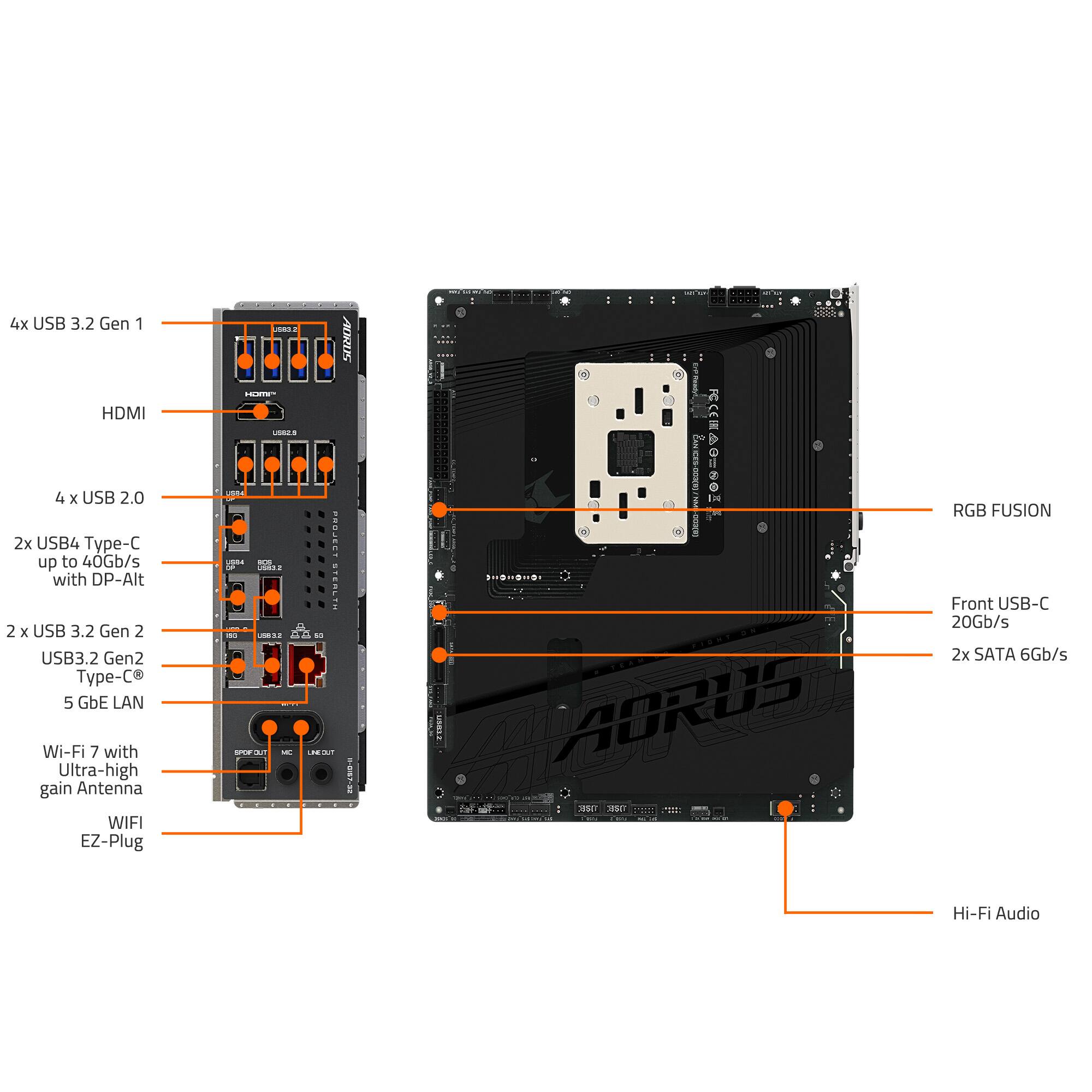 4x USB 3.2 Gen 1  
HDMI  
4 x USB 2.0  
2x USB4 Type-C up to 40Gb/s with DP-Alt  
2 x USB 3.2 Gen 2  
USB3.2 Gen2 Type-C  
5 GbE LAN  
Wi-Fi 7 with Ultra-high gain Antenna  
WIFI EZ-Plug  
RGB FUSION  
Front USB-C 20Gb/s  
2x SATA 6Gb/s  
Hi-Fi Audio