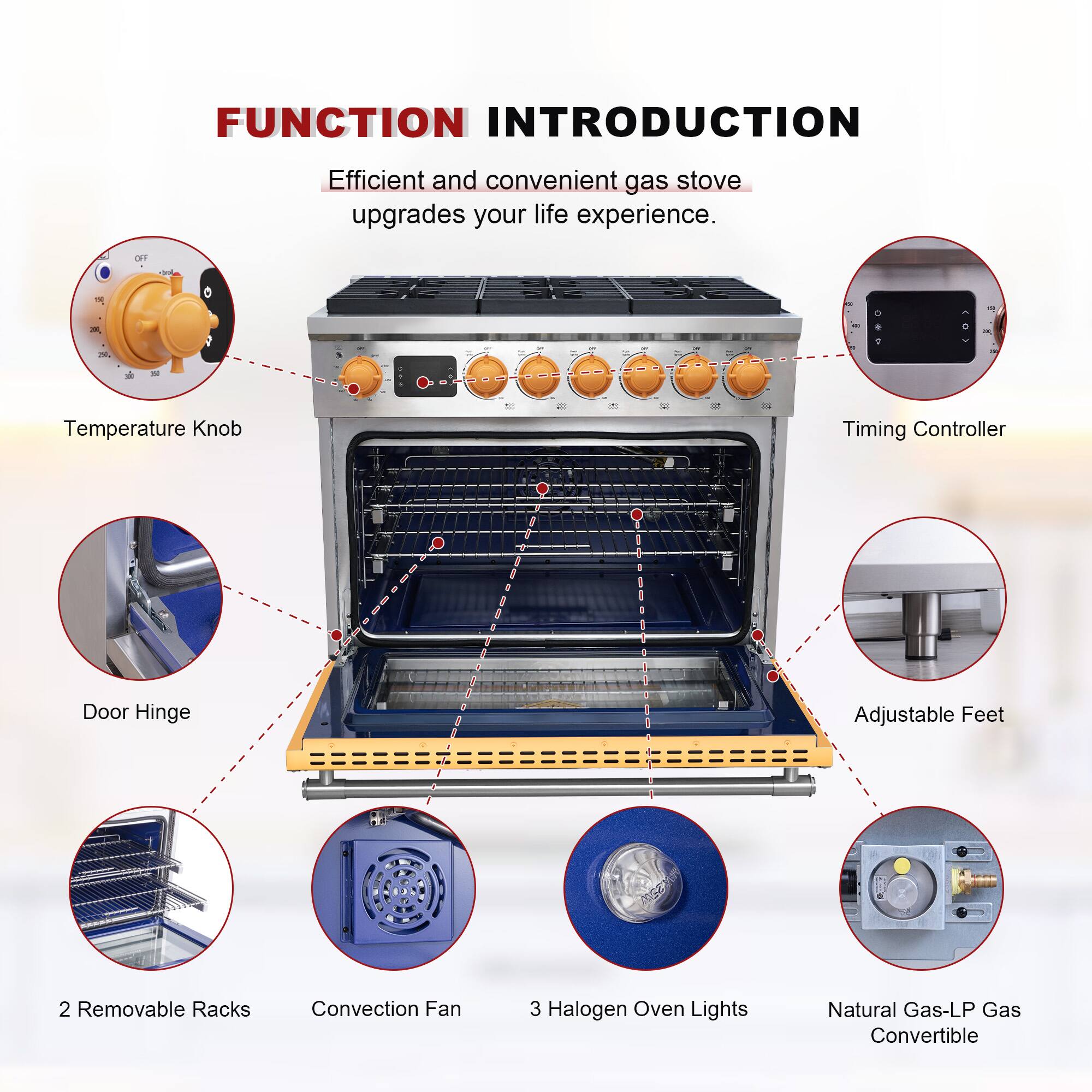 FUNCTION INTRODUCTION  
Efficient and convenient gas stove upgrades your life experience.

- Temperature Knob
- Timing Controller
- Door Hinge
- Adjustable Feet
- 2 Removable Racks
- Convection Fan
- 3 Halogen Oven Lights
- Natural Gas-LP Gas Convertible