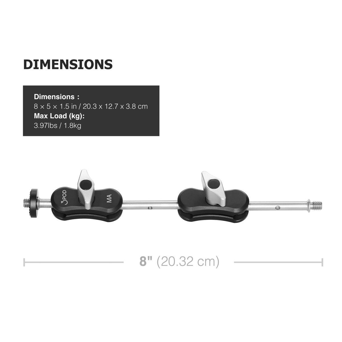 DIMENSIONS

Dimensions: 8 x 5 x 1.5 in / 20.3 x 12.7 x 3.8 cm

Max Load (kg): 3.97lbs / 1.8kg

POD MA

8" (20.32 cm)