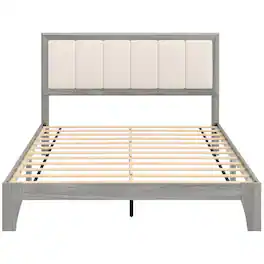 PULUZ - Full Bed Frame with Headboard Full Size Platform Bed Frame with Wooden Slats No Box Spring Needed Easy Assembly - Gray