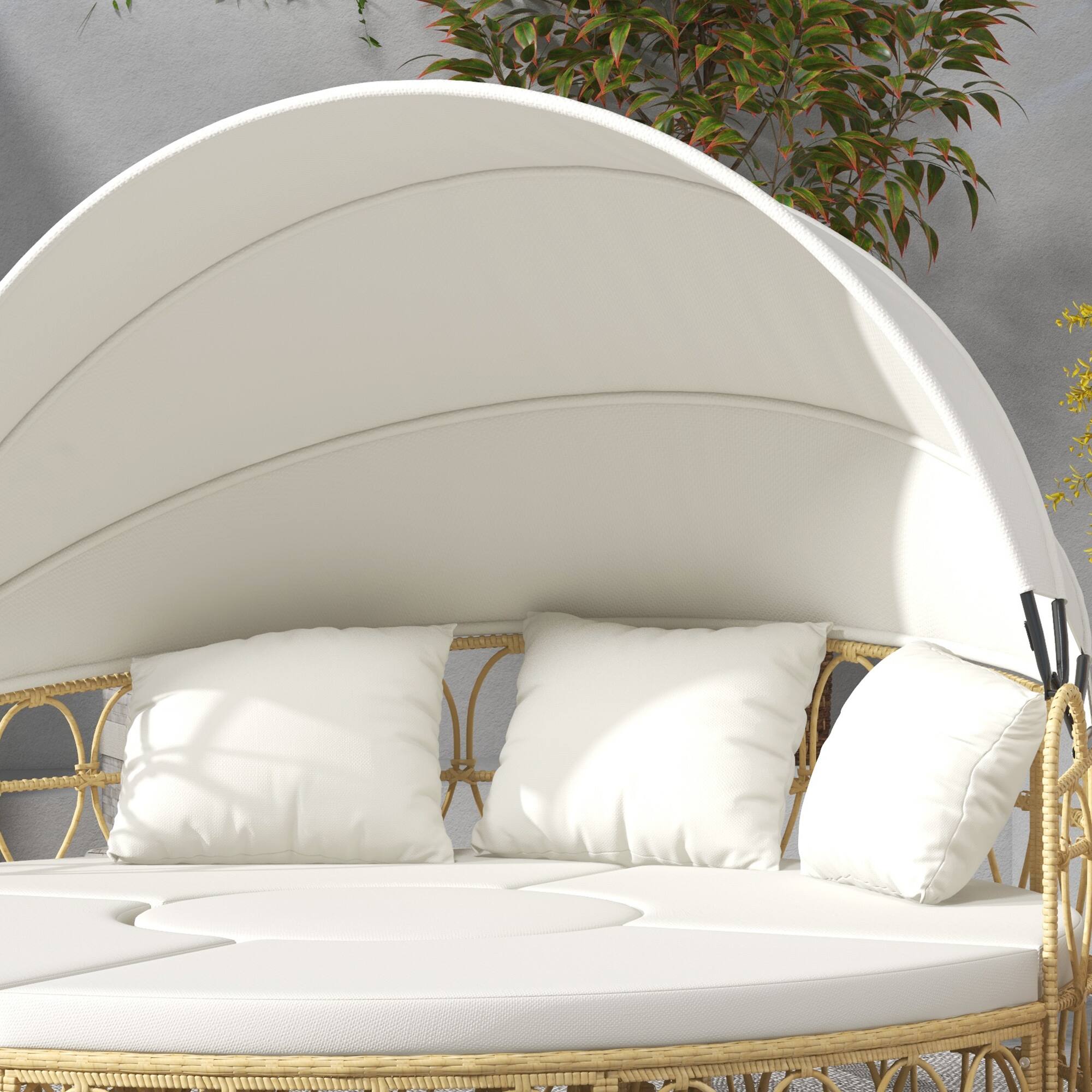 Alt View 8. Outsunny - Patio Furniture Set, Round Outdoor Daybed with Retractable Canopy, Hollow Wicker PE Rattan Sectional Sofa - Cream White.