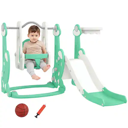 Front. Qaba - 4 in 1 Toddler Slide and Swing Set, Indoor Kids Slide, Playset Playground, Climber, Basketball Hoop, Rocket Themed.