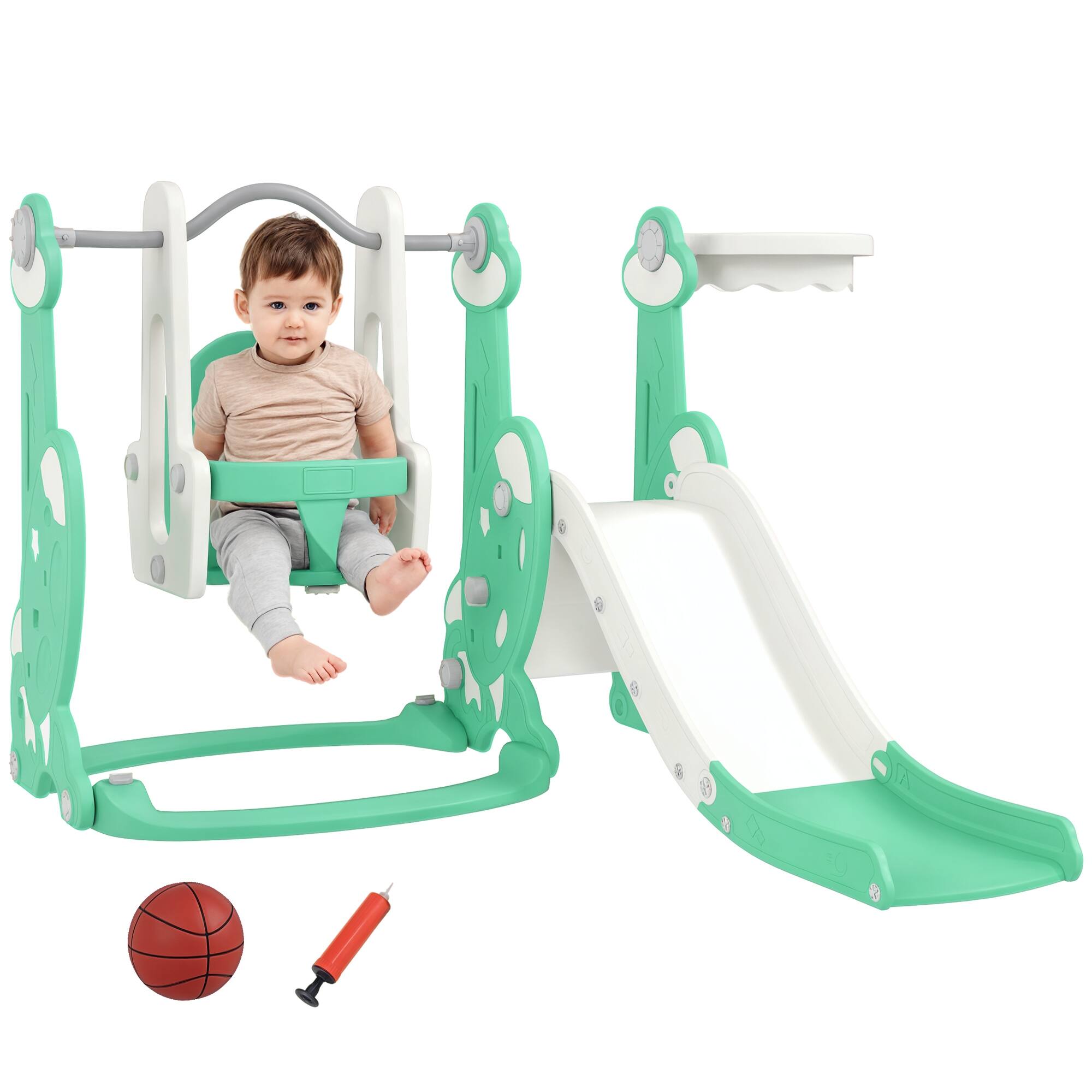 Front. Qaba - 4 in 1 Toddler Slide and Swing Set, Indoor Kids Slide, Playset Playground, Climber, Basketball Hoop, Rocket Themed.