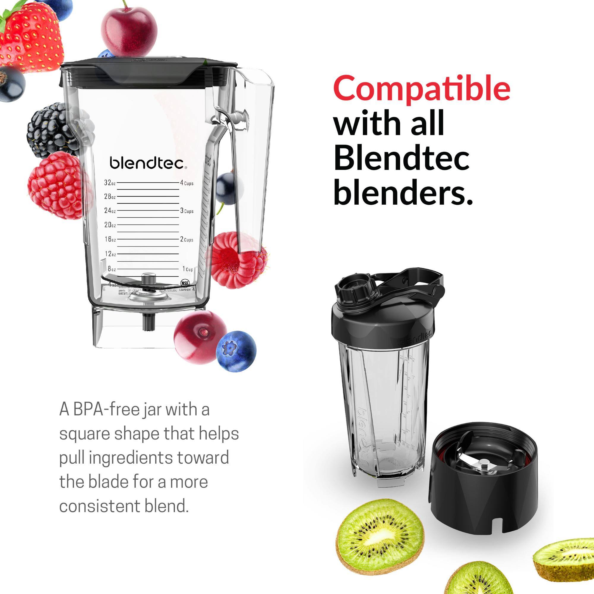 blendtec. 32oz 40vgs 28oz 24oz 35m 20tz Compatible with all Blendtec blenders. 16oz 2Cups 12oz 1Cup A BPA-free jar with a square shape that helps pull ingredients toward the blade for a more consistent blend.