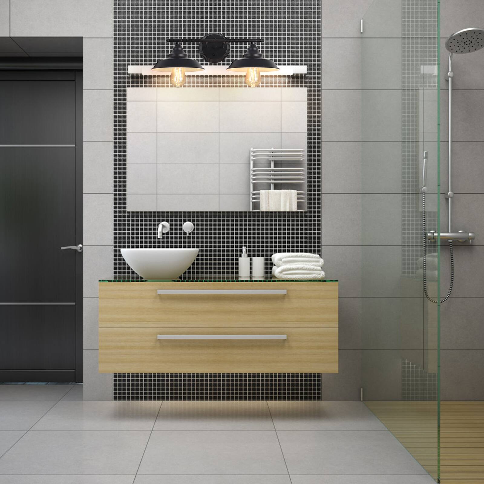 Alt View 3. Oumilen - 2 Light Matte Black Bathroom Vanity Light – Industrial Metal Shade Wall Mount Vanity Sconce.