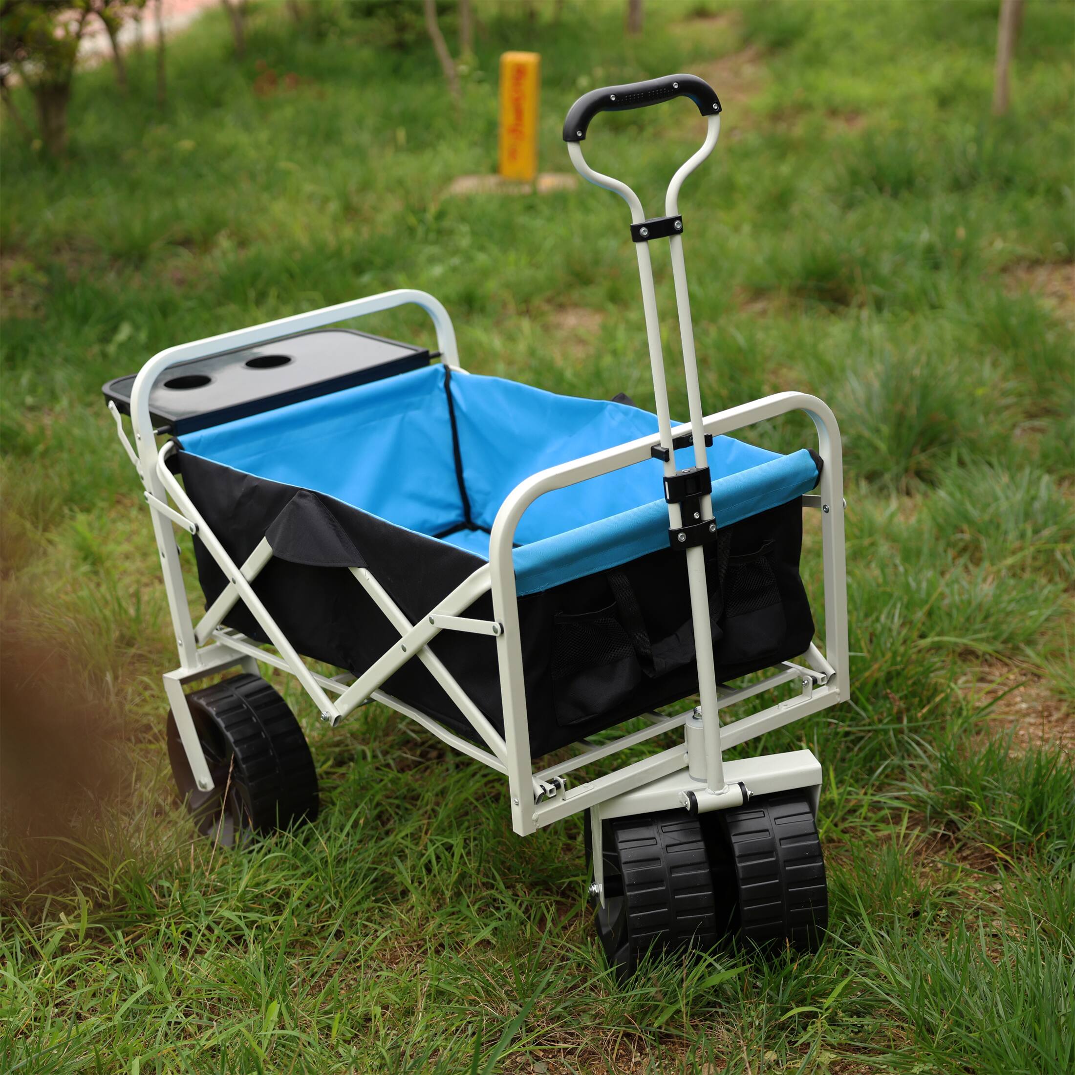 Front. Whisen - Foldable Outdoor Wagon Garden Cart, All-Terrain Utility Beach Shopping Cart for Camping, Picnic, Sports - White|Black Blue.