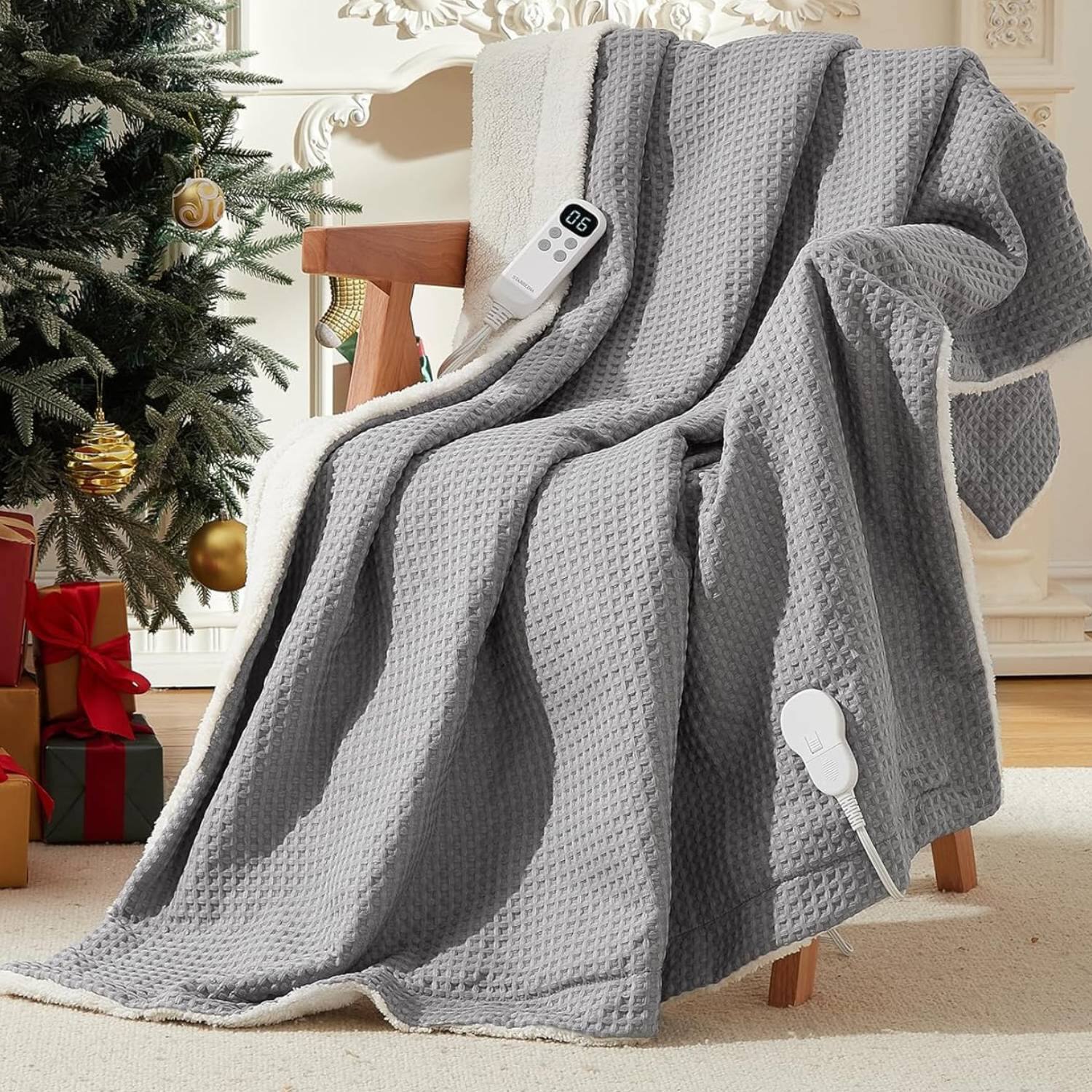 Front. Acekool - 90"×100" Fast Heating Heated Blanket Throw with LCD Controller, Grey - Grey.