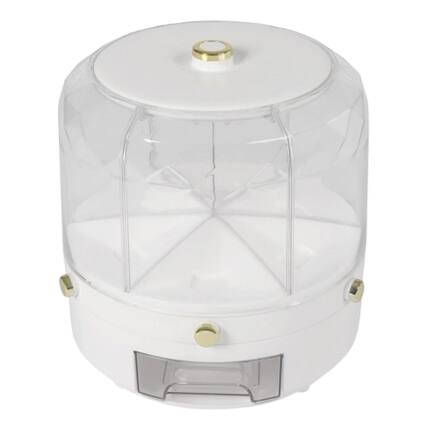 Front. Stock Preferred - 6-in-1 Rotating Grain Cereal Dispenser - White Base with Transparent Clear Compartments.