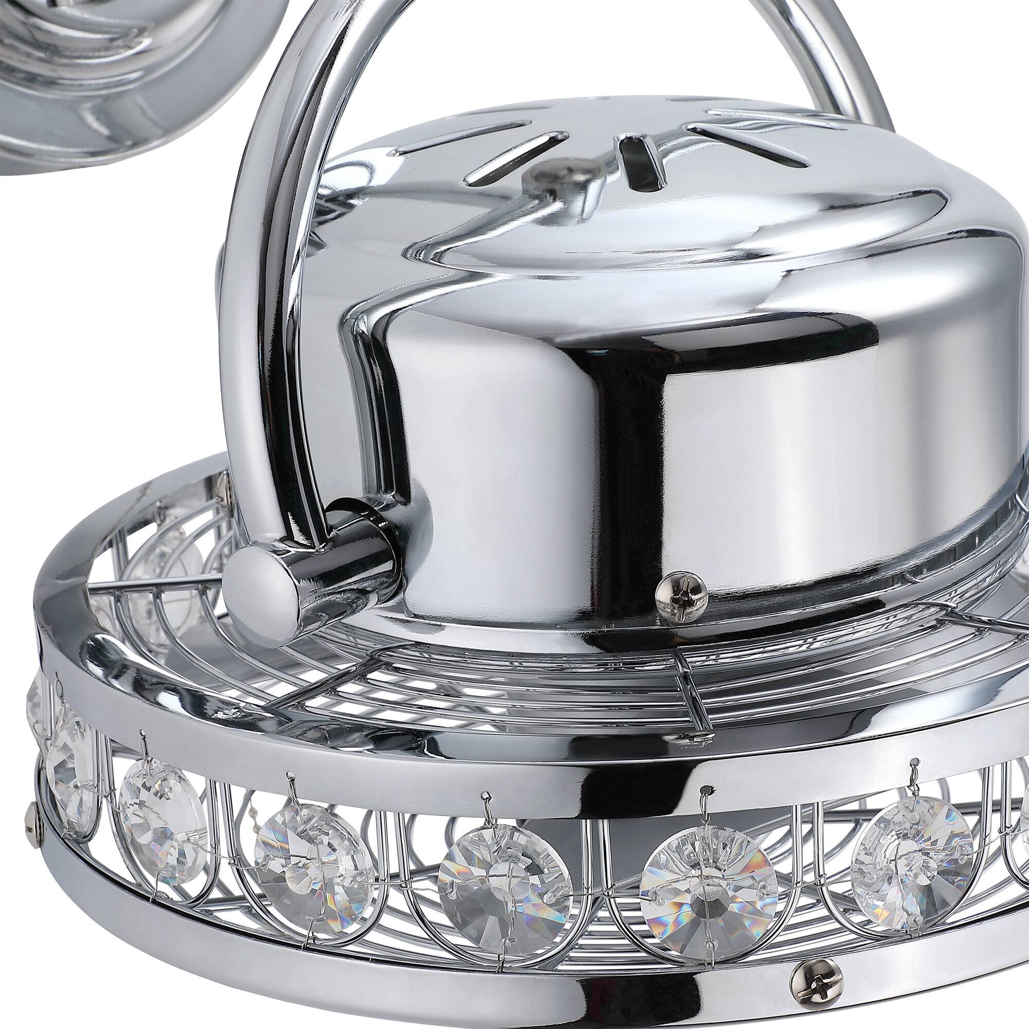 Alt View 3. Parrot Uncle - 10" Modern Chrome 3-Blade Crystal Wall Mount Fan with Pull Chain - Chrome.