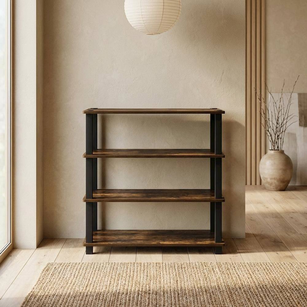 Angle. FurniFact - Brown 4-Tier Shoe Rack - Amber Pine/Black.