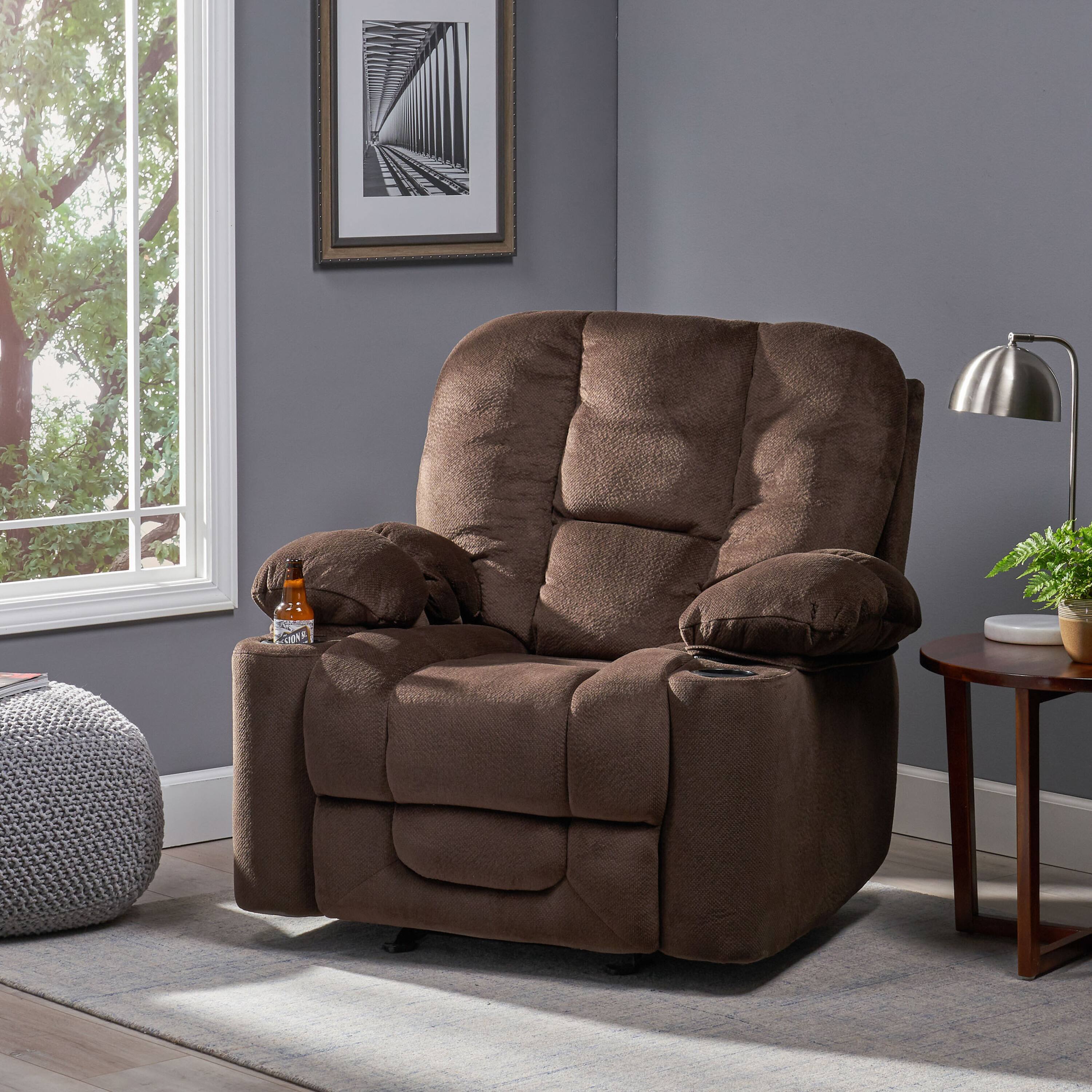 Back. TinyHomie - Luxurious Manual Recliner Chair in Chocolate with Skin Friendly Fabric and Dual Cup Holders - white.