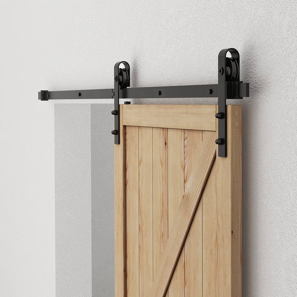 Alt View 4. Boyel Living - 6.6 ft./79 in. Black Steel Strap Sliding Barn Door Track and Hardware Kit with 12 in. Cylinder Handle and Floor Guide - Black.