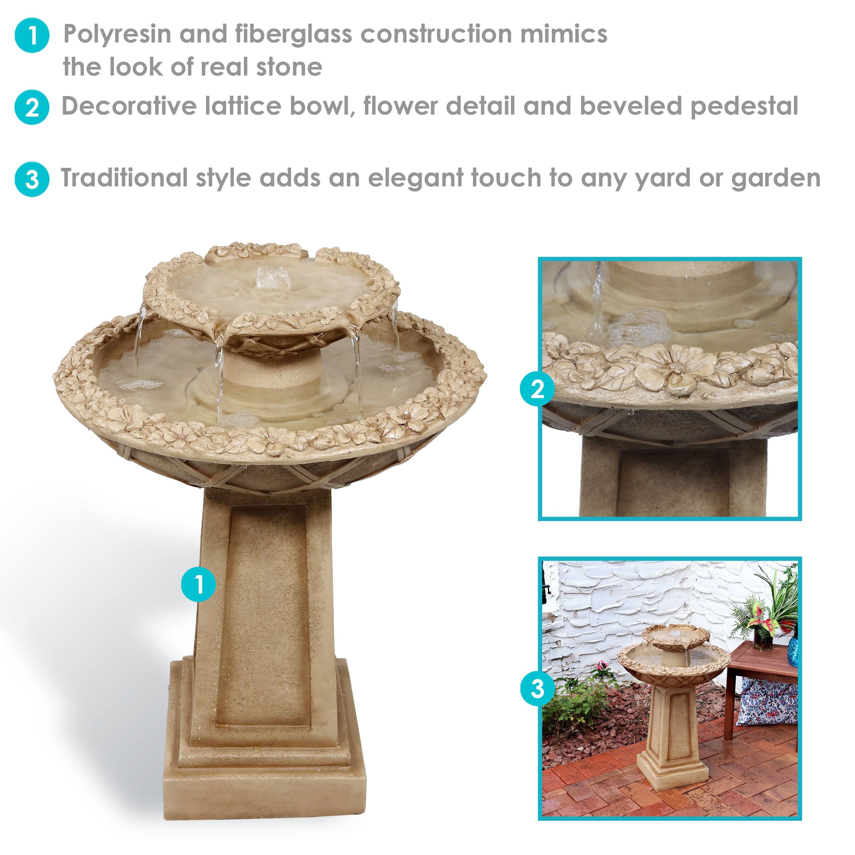 1. Polyresin and fiberglass construction mimics the look of real stone  
2. Decorative lattice bowl, flower detail, and beveled pedestal  
3. Traditional style adds an elegant touch to any yard or garden