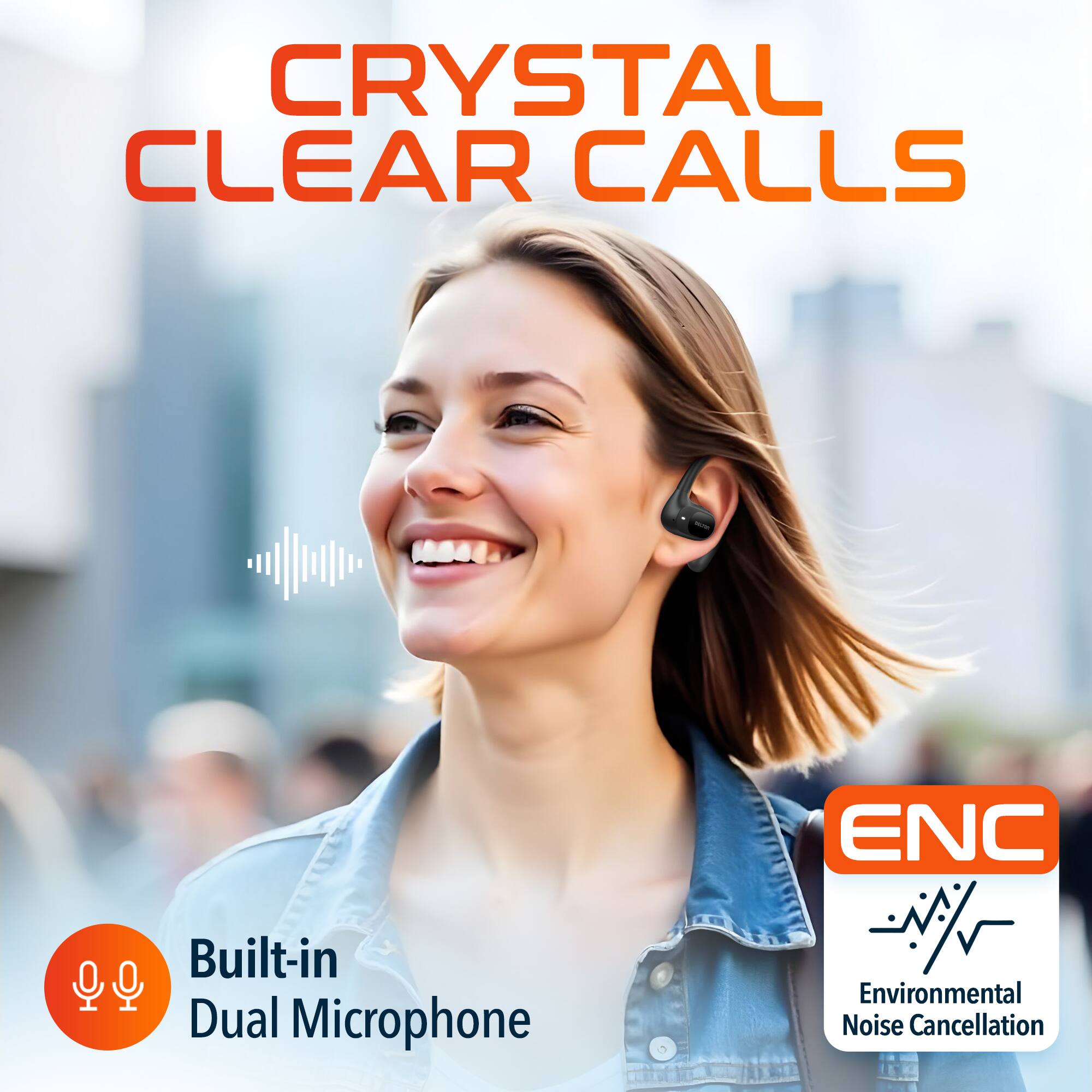 The corrected text is:

"Crystal Clear Calls
Built-in Dual Microphone
ENC
Environmental Noise Cancellation"