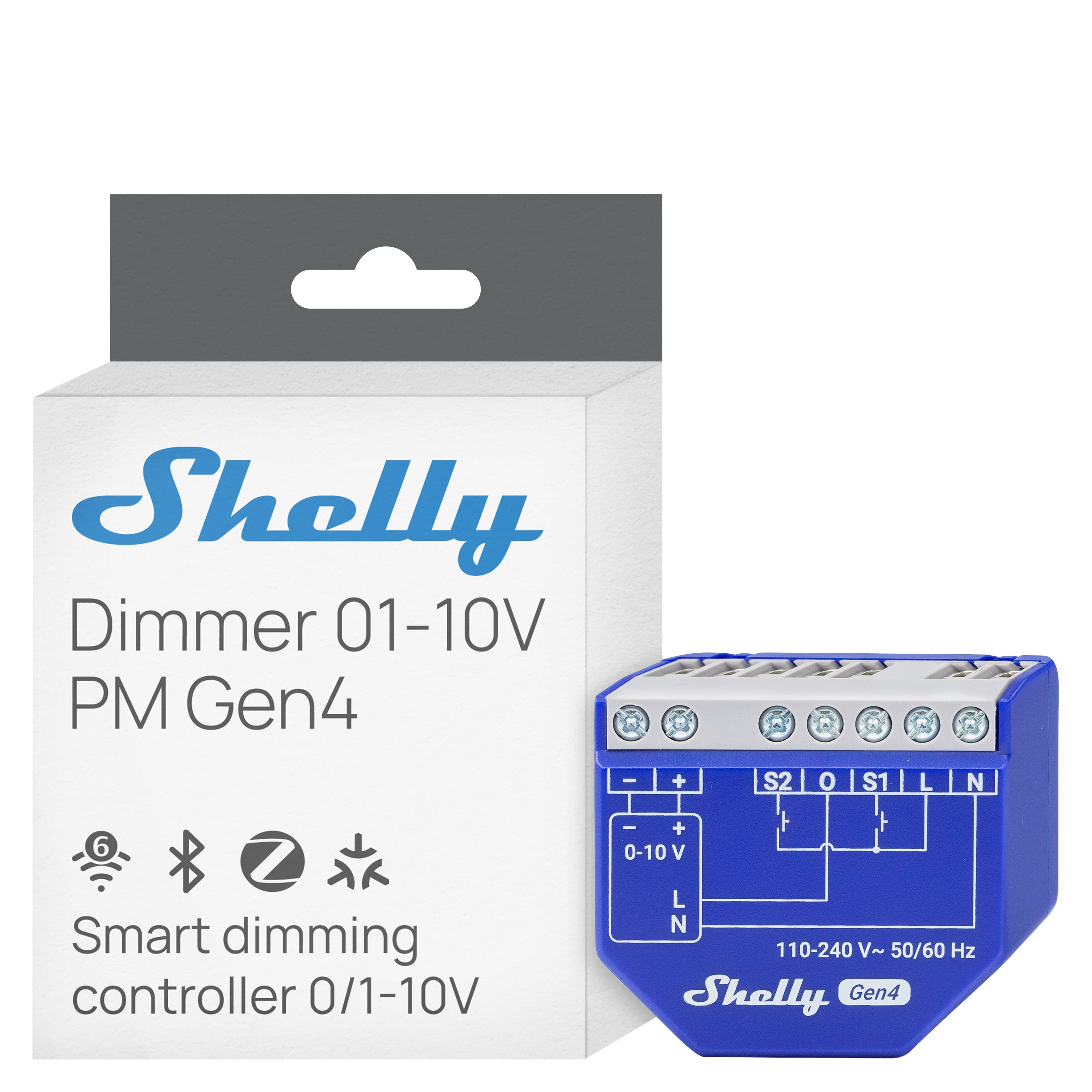Shelly - Dimmer 0/1-10V PM Gen4 Smart Dimmer with Power Monitoring, Wi-Fi, Zigbee, Bluetooth & Matter - Blue