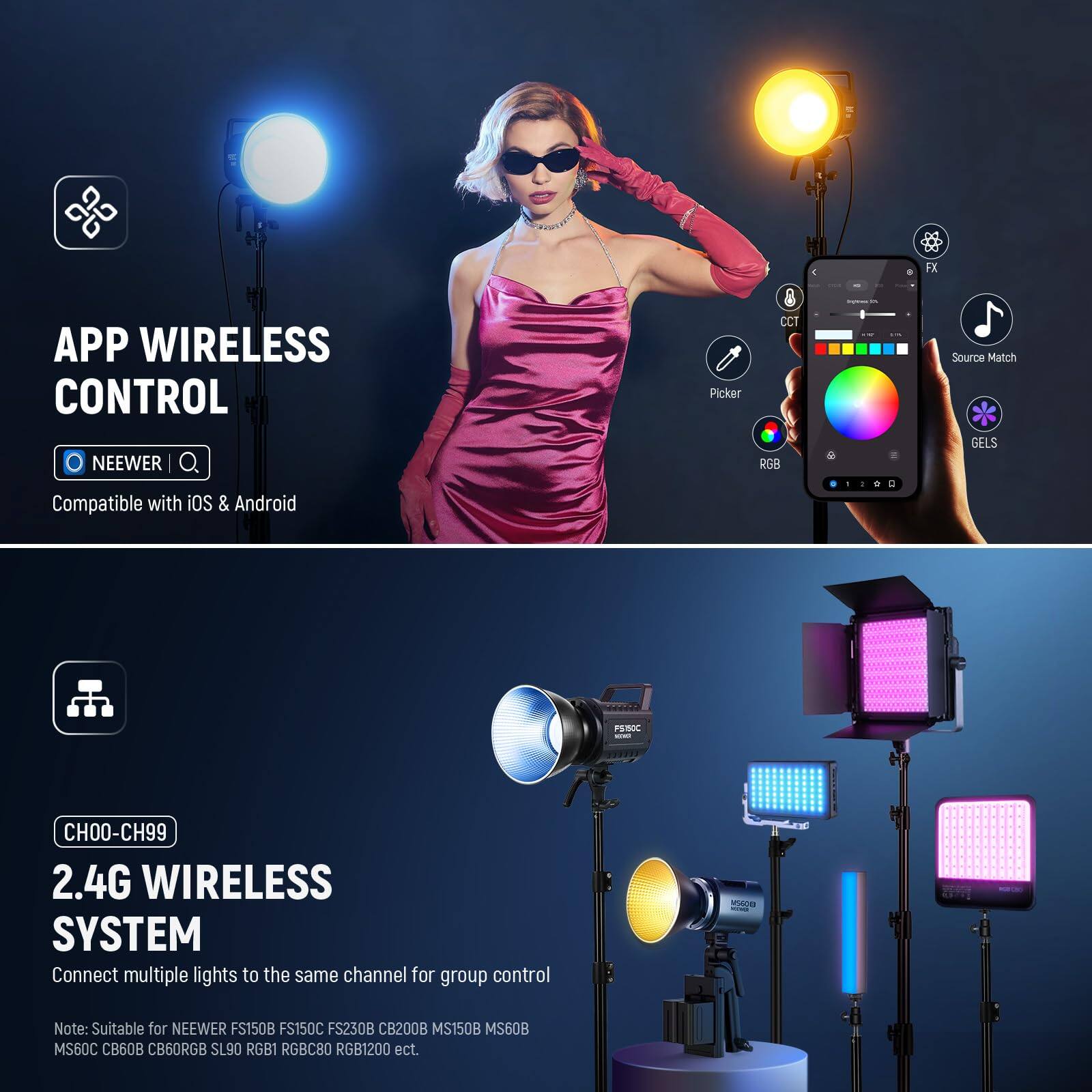 **APP WIRELESS CONTROL**

- NEENER
- Compatible with iOS & Android

**2.4G WIRELESS SYSTEM**

- CH00-CH99
- Connect multiple lights to the same channel for group control

**Note:** Suitable for NEENER FS150B FS150C FS230B CB200B MS150B MS60B MS60C C60B CB60RGB SL90 RGB1 RGBC80 RGB1200 etc.