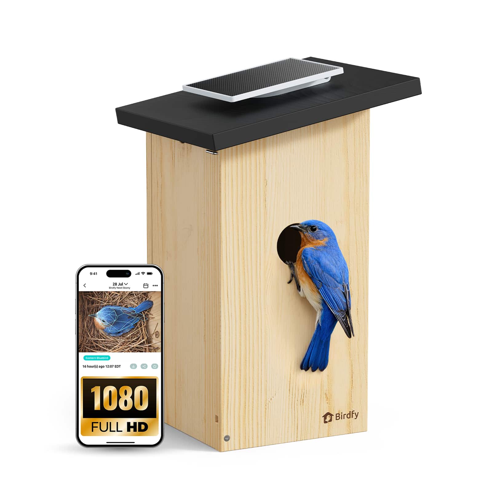 BIRDFY - Smart Bird House Camera Ebony, AI Bird ID(7-Day Free Trial), Solar Panel, Gift for Bird Lovers&Outdoor Birdwatching - Natural Wood Finish & Black
