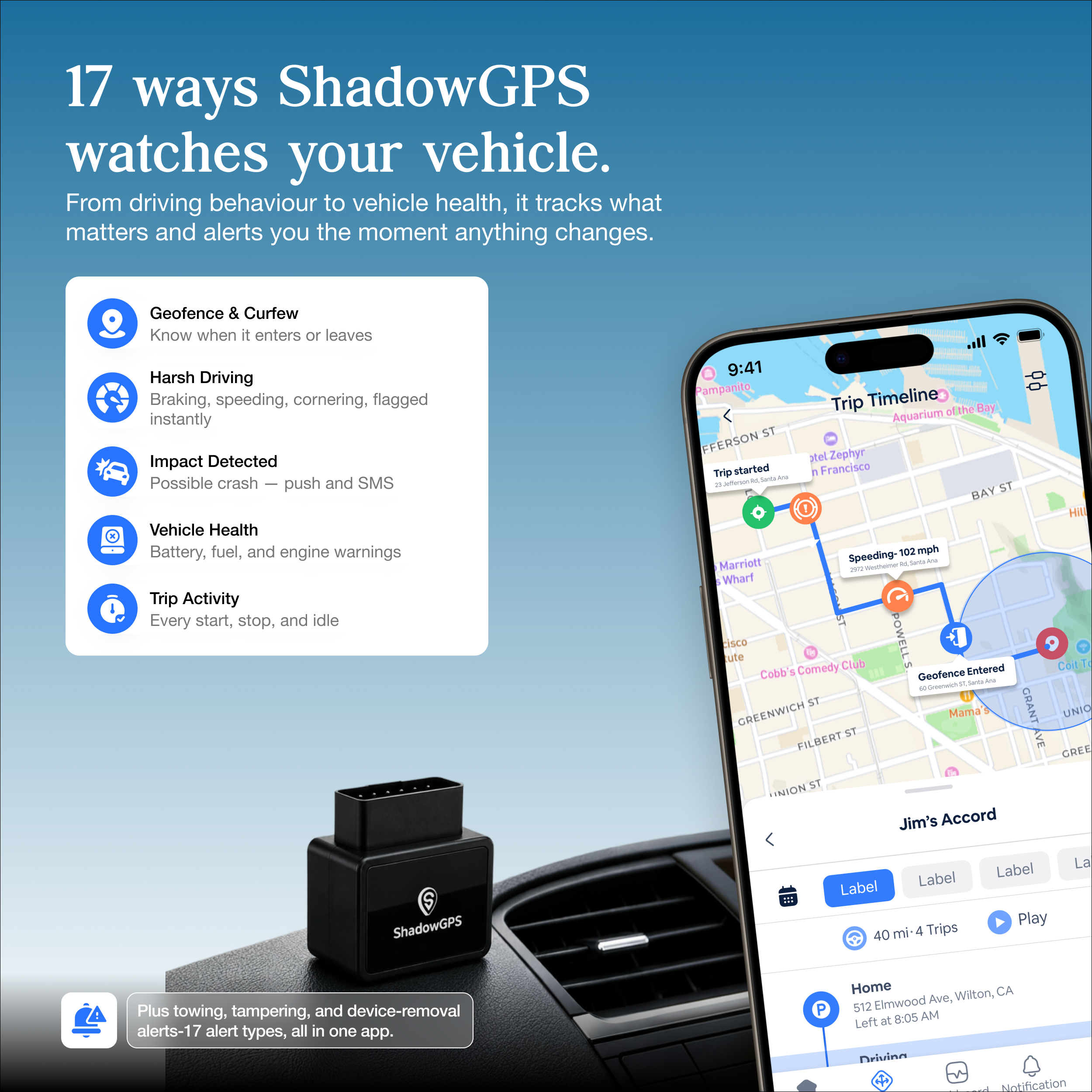 17 ways ShadowGPS watches your vehicle. From driving behaviour to vehicle health, it tracks what matters and alerts you the moment anything changes.

- Geofence & Curfew: Know when it enters or leaves
- Harsh Driving: Braking, speeding, cornering, flagged instantly
- Impact Detected: Possible crash – push and SMS
- Vehicle Health: Battery, fuel, and engine warnings
- Trip Activity: Every start, stop, and idle

Plus towing, tampering, and device-removal alerts – 17 alert types, all in one app.

---

9:41  
Pampanito  
Trip Timeline  
Aquarium of the Bay  
Jefferson St  
Mel Zephyr  
Trip started  
San Francisco  
A6  
Santa  
BAY ST  
Speeding – 102 mph  
Marriott Wharf  
2077 West  
Cobb's Comedy Club  
POWELL  
Geofence Entered  
AM  
ST. GRANT  
GREENWICH  
Mama  
ST  
FILBERT  
HU  
Coit  
UNIO  
GREE

Jim's Accord  
Label  
Label  
Label  
Label  
40 mi - 4 Trips  
Play  
Home  
512 Elm