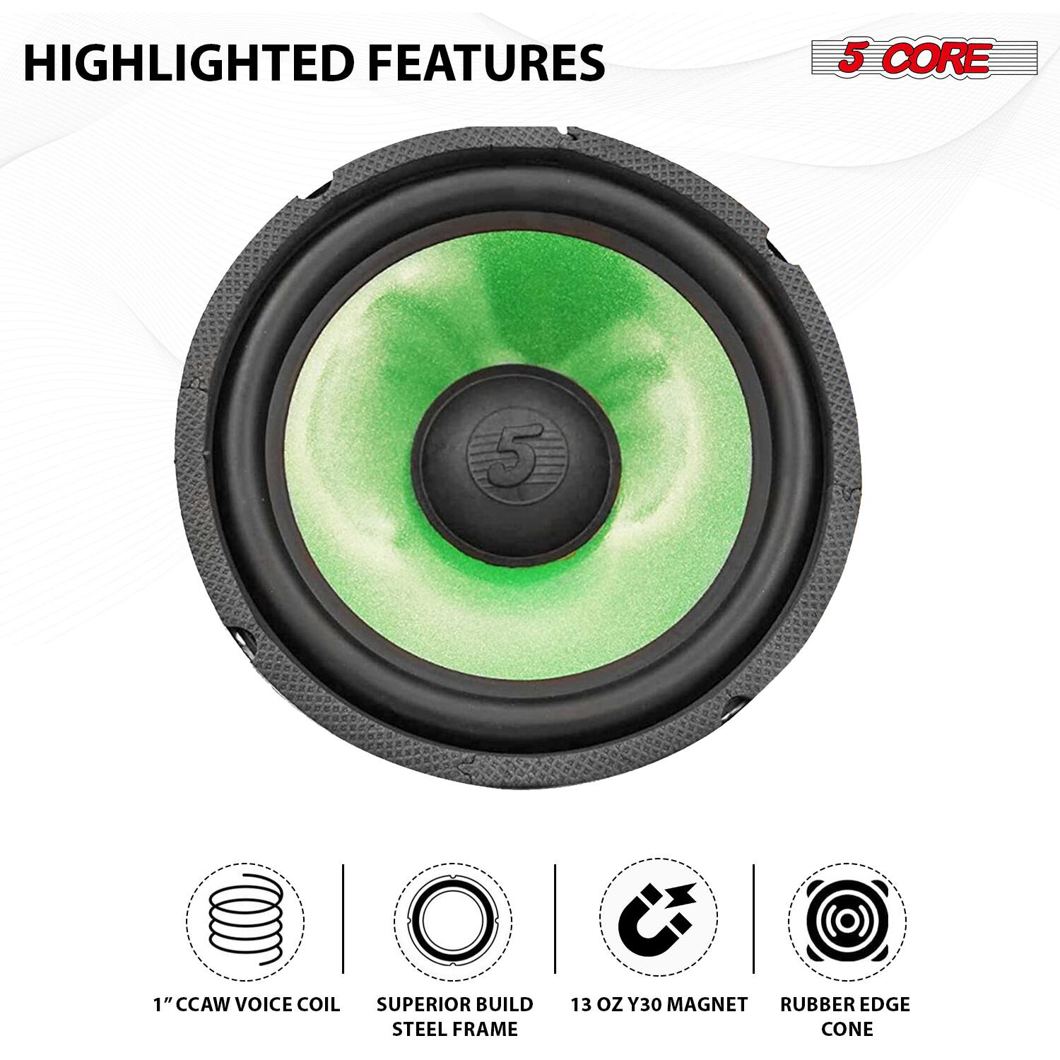 HIGHLIGHTED FEATURES

- 5 CORE
- 1" CCAW VOICE COIL
- SUPERIOR BUILD STEEL FRAME
- 13 OZ Y30 MAGNET
- RUBBER EDGE CONE