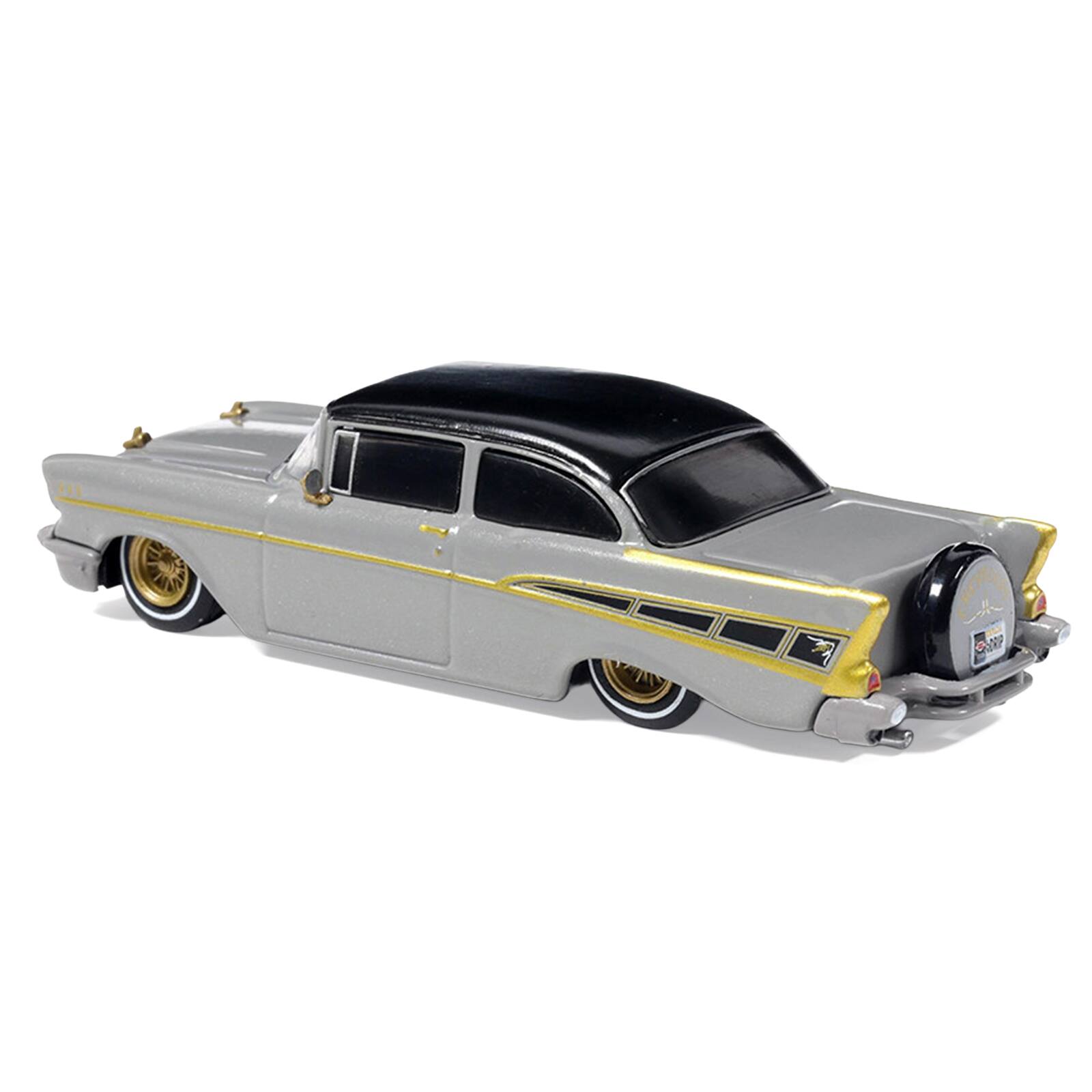 Alt View 2. IXO - 1957 Chevrolet Bel Air Lowrider Gray with Black Top and Gold Accents 1/64 Diecast Model Car by IXO Models.