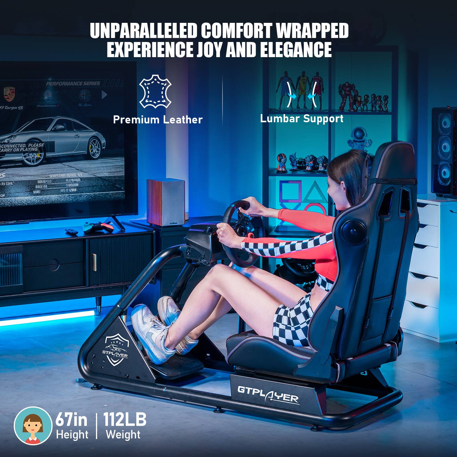 The text on the image is grouped and corrected as follows:
"Unparalleled Comfort Wrapped Experience Joy and Elegance Performance Series 1000 Premium Leather Lumbar Support Connected Please Carry No Plating Core Leather Seats 67in | 112LB Height Weight GTPLAYER GTPL 1YER."