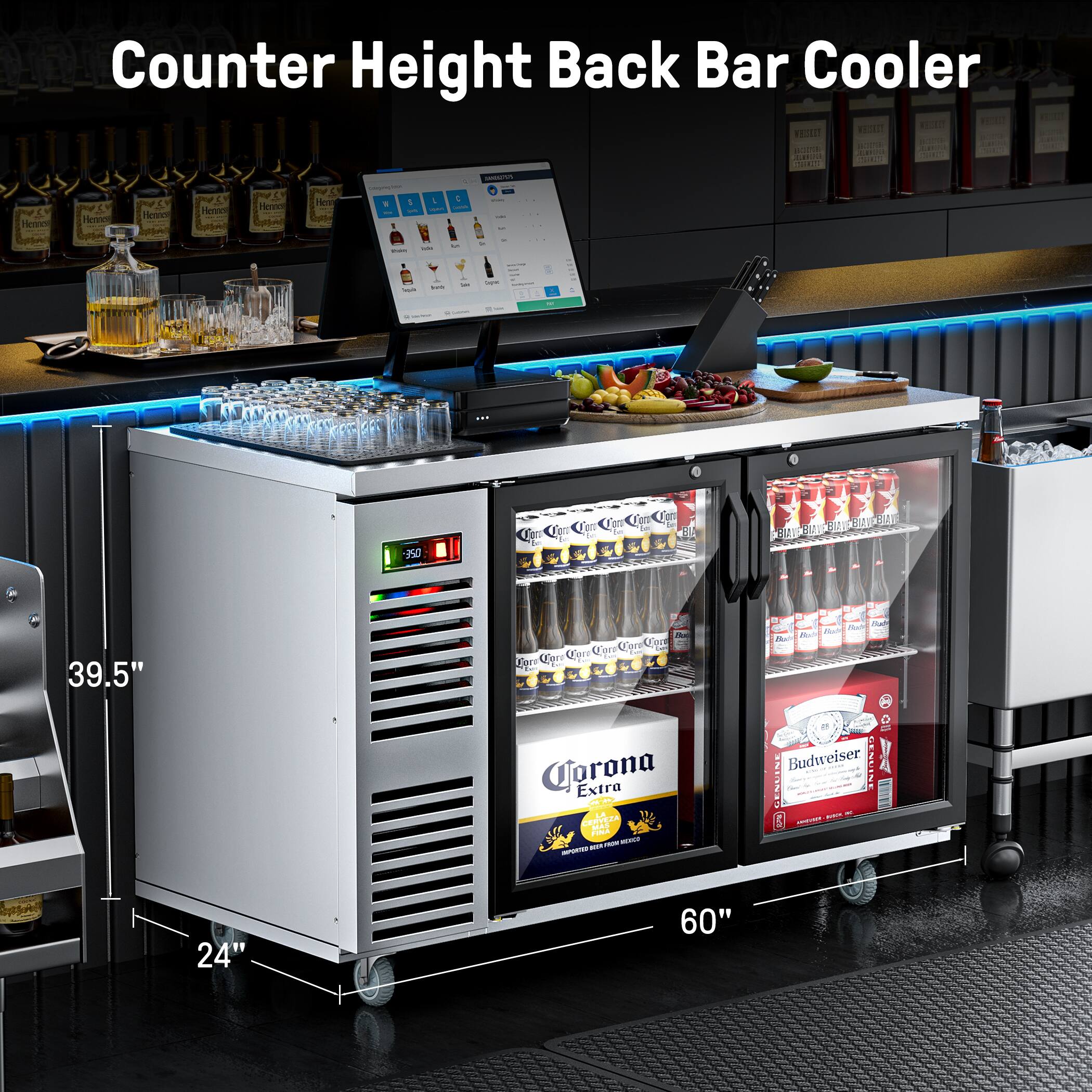 Counter Height Back Bar Cooler

- Height: 39.5"
- Depth: 24"
- Width: 60"

Features:
- Genuine X
- Budweiser
- Corona Extra