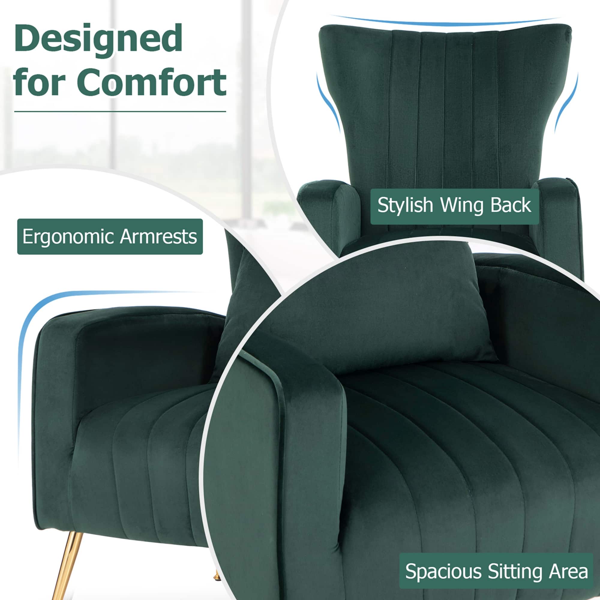 Designed for Comfort Ergonomic Armrests Stylish Wing Back Spacious Sitting Area