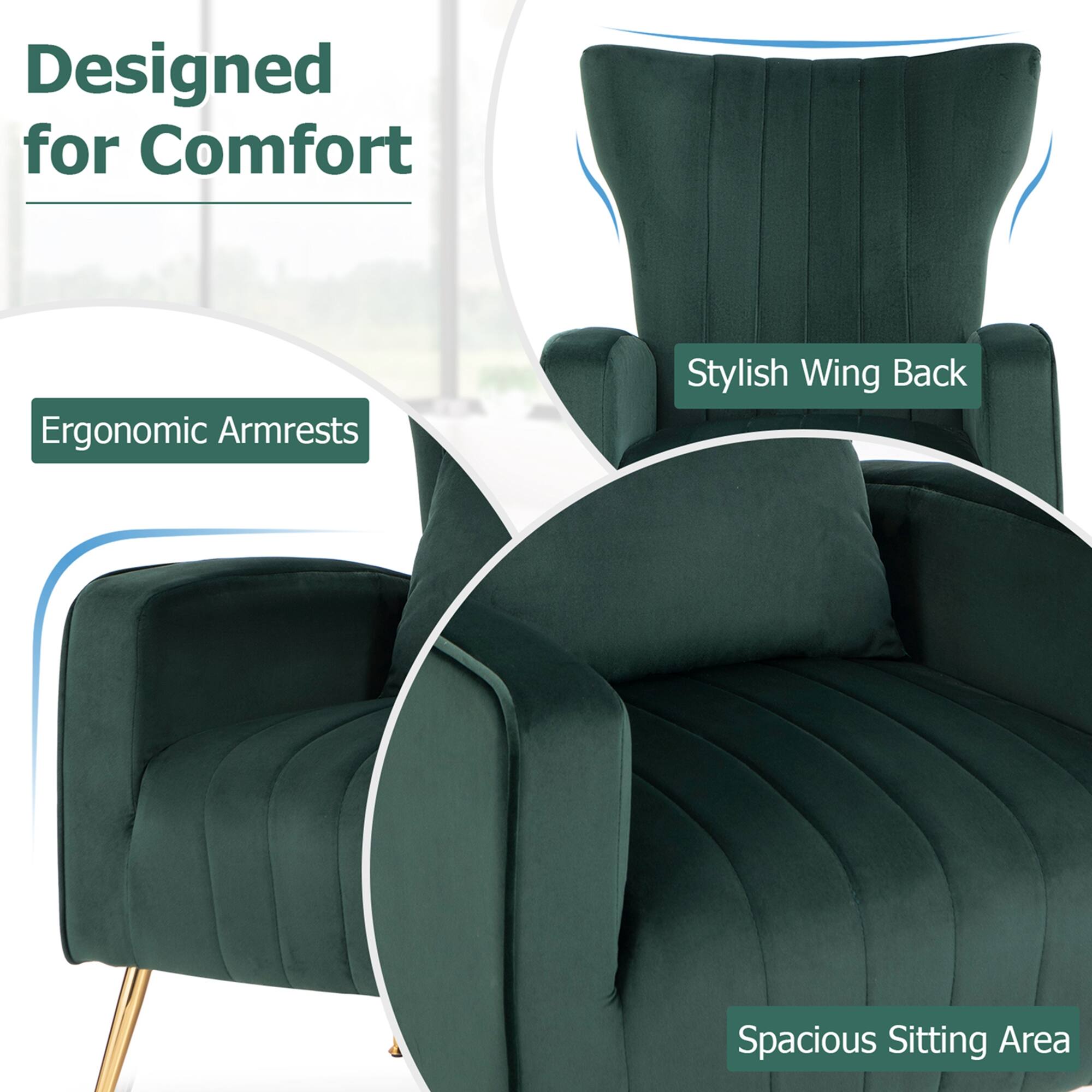 Designed for Comfort Ergonomic Armrests Stylish Wing Back Spacious Sitting Area