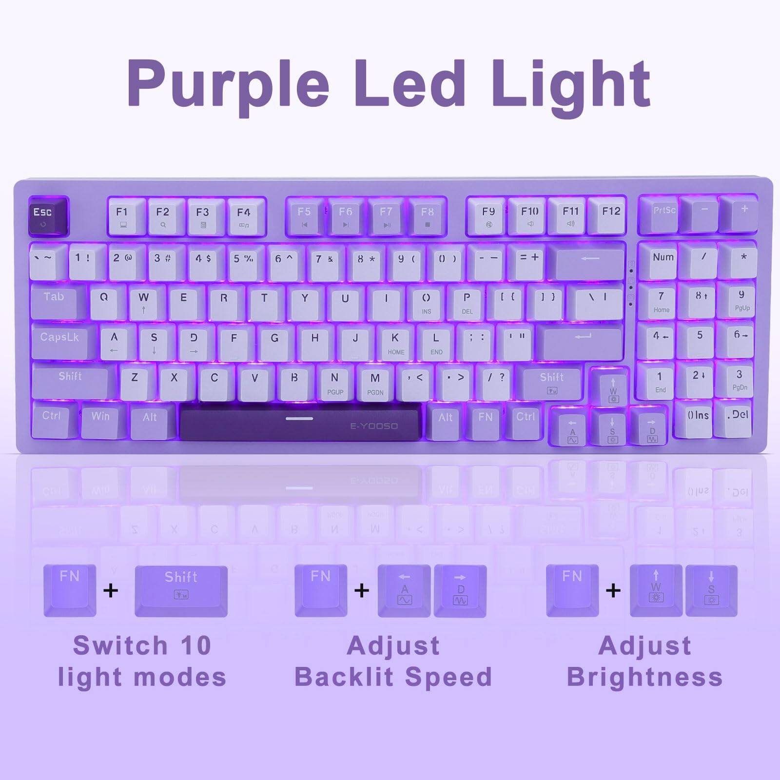Purple Led Light

Esc F1 F2 F3 F4 F5 F6 F7 F8 F9 F10 F11 F12 PrtSc

1 2 3 4 5 6 7 8 9 0 - = Backspace

Tab Q W E R T Y U I O P [ ] \

CapsLk A S D F G H J K L ; ' Enter

Shift Z X C V B N M , . / Shift

Ctrl Win Alt Spacebar Alt FN Ctrl

Num 7 8 9 / 4 5 6 * 1 2 3 - 0 . Del

Home End PgUp PgDn

E-YODS

FN + Shift Switch 10 light modes

FN + Adjust Backlit Speed

FN + Adjust Brightness