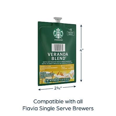 **Veranda Blend**

**Notes of Toasted Malt and Milk Chocolate**  
**Notes de Malt et de Chocolat**

**Starbucks Blonde Roast**

**Net Poids Net 0.32 oz (9 g)**  
**Net WT 23/4"**

**Compatible with all Flavia Single Serve Brewers**

**Dimensions:**  
Height: 4"  
Width: 2 3/4"