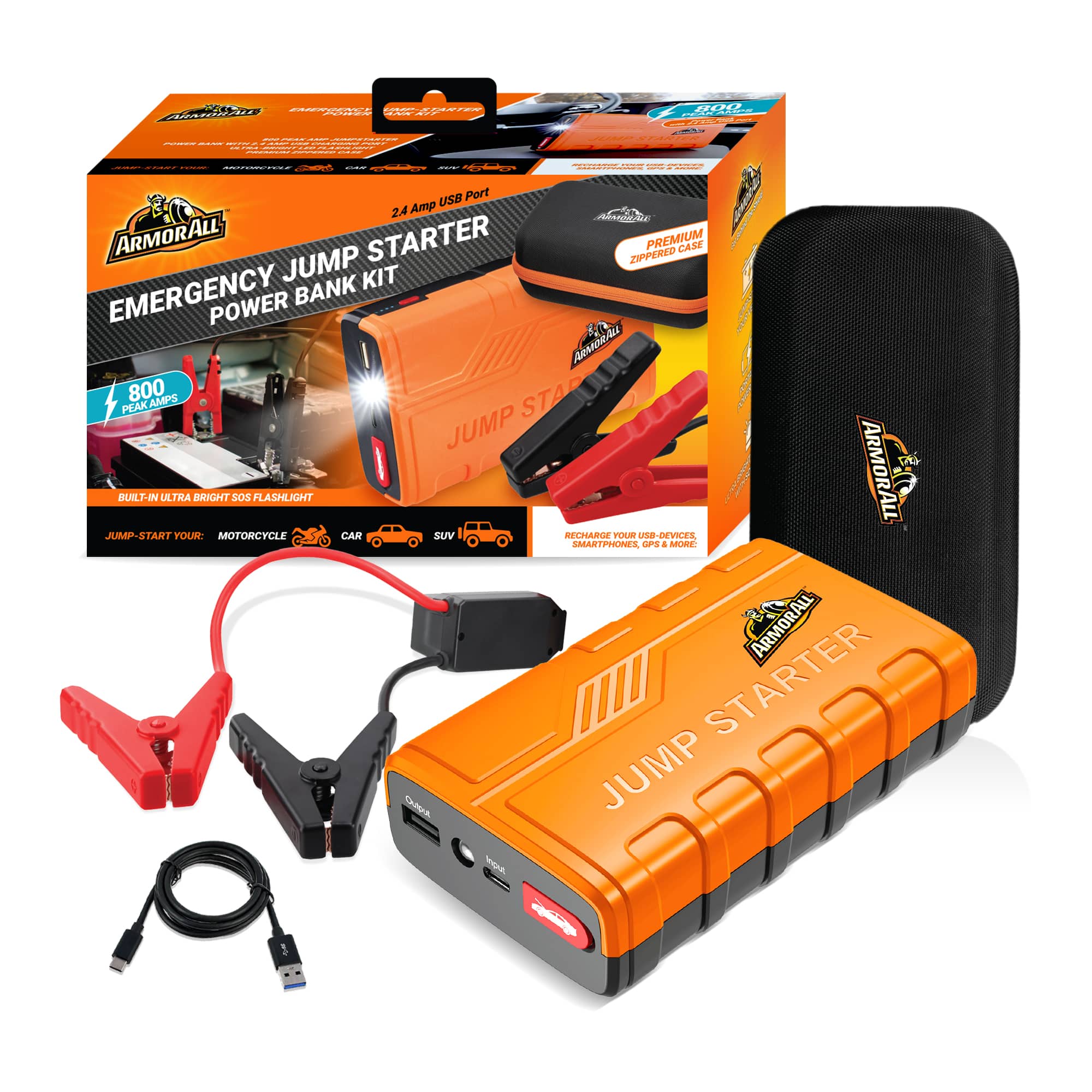 Armor All - Emergency Jump Starter Power Bank Kit, 800A Peak Amps, Ultra-Bright LED Flashlight