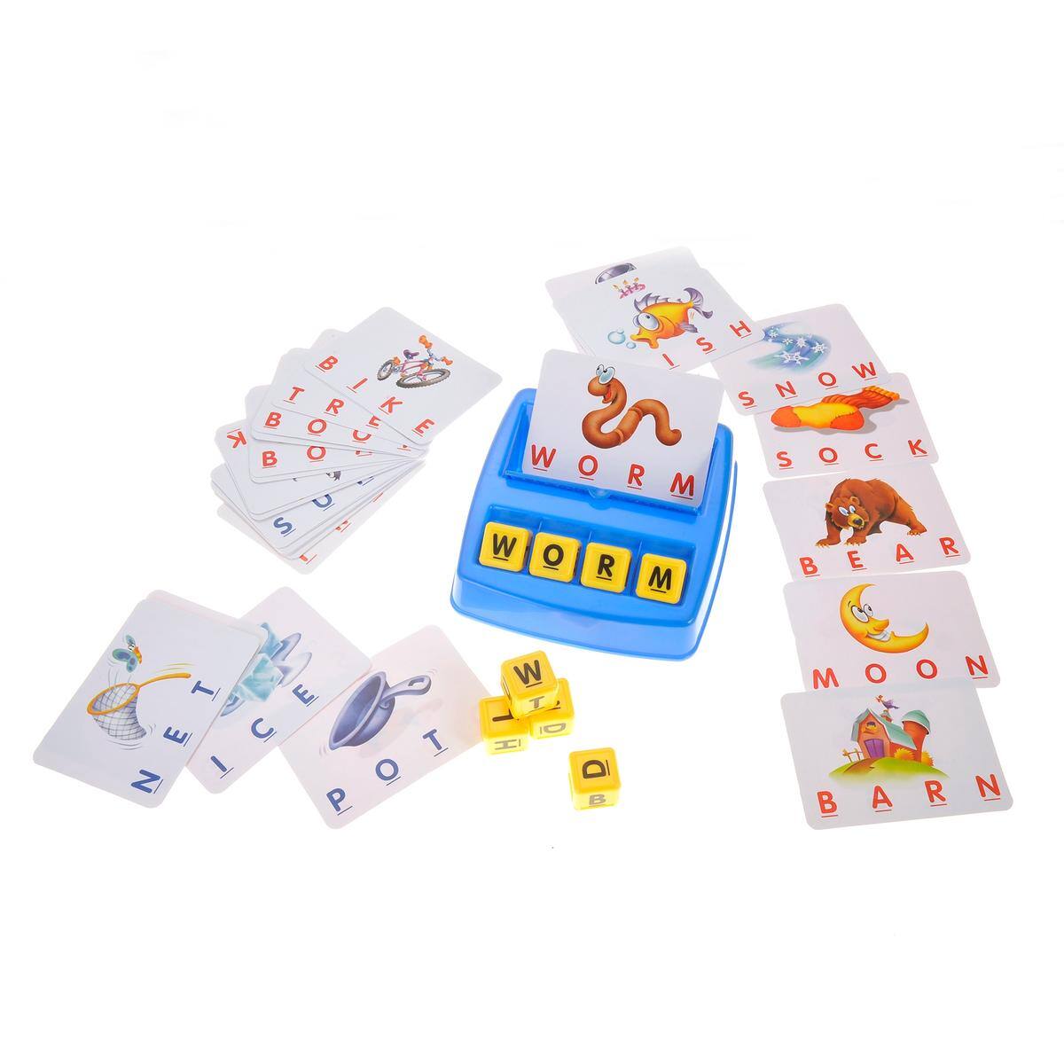 Sure, here is the corrected and grouped text from the image:

**Words on Cards:**
1. TRIKE
2. BOOTS
3. WORM
4. ISH
5. SNOW SOCK
6. BEAR
7. MOON
8. BARN
9. NET
10. POT

**Letters on Tiles:**
- W
- T
- D
- B

**Text on the Game Board:**
- WORM