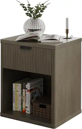 Vipbear - Fluted Nightstand, Modern Night Stand with Drawer Storage, Mid Century Wood End Table for Sofa- Oak - Brown