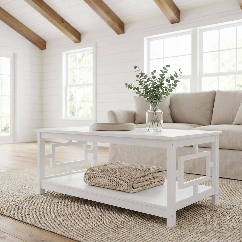 Left. FurniFact - White Coffee Table with Shelf MDF Construction Multiple Finishes Available - White.