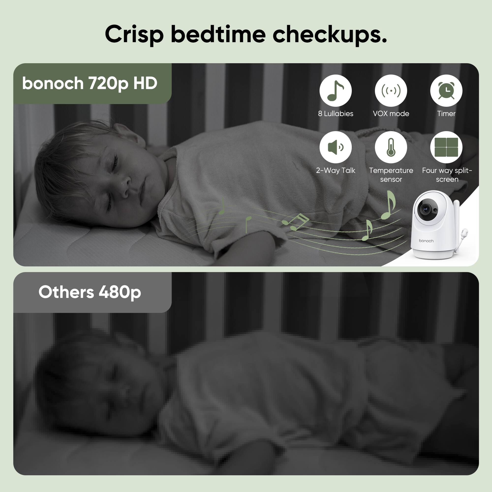 Crisp bedtime checkups. bonoch 720p HD 8 Lullabies VOX mode Timer 2-Way Talk Temperature Four way split- screen bonoch Others 480p