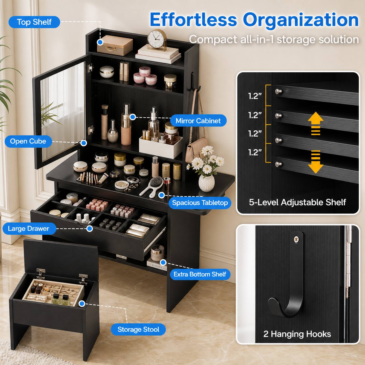 WELLFOR Foldable Drop Leaf Makeup Vanity Desk with 3 Color LED Mirror ...