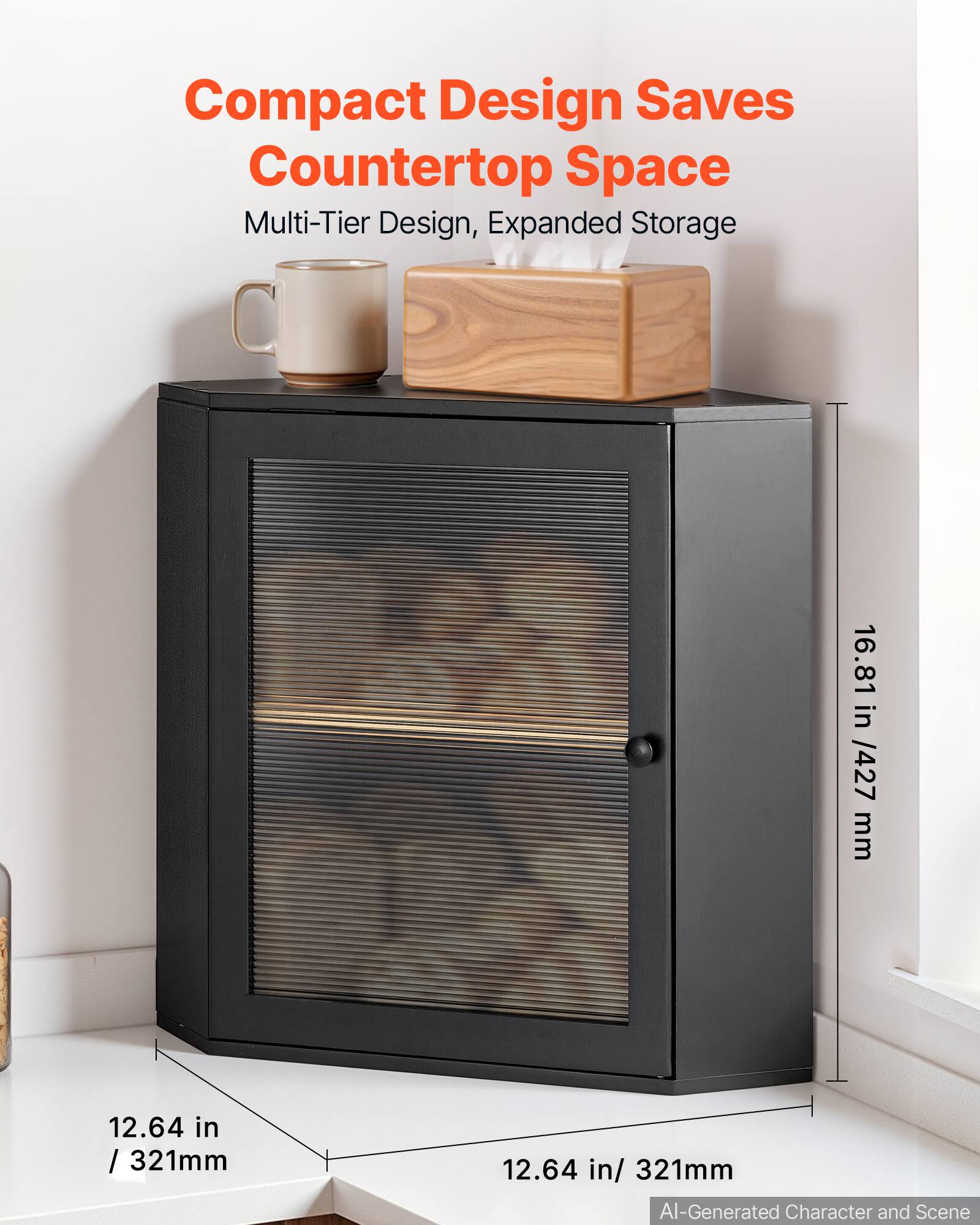 Compact Design Saves Countertop Space  
Multi-Tier Design, Expanded Storage  

16.81 in / 427 mm  
12.64 in / 321 mm  
12.64 in / 321 mm  

AI-Generated Character and Scene