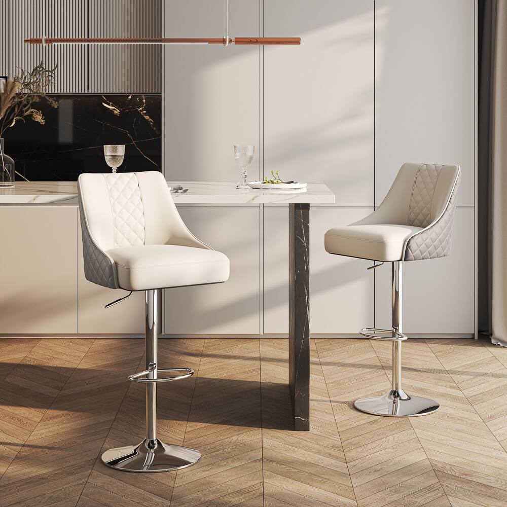 Left. POVISON - Modern Adjustable Height Bar Stools Set of 2, Leather Bar Stools with Backs, Upholstered Bar Stools, Gray & Gray - Gray & Light Gray PU Leather.