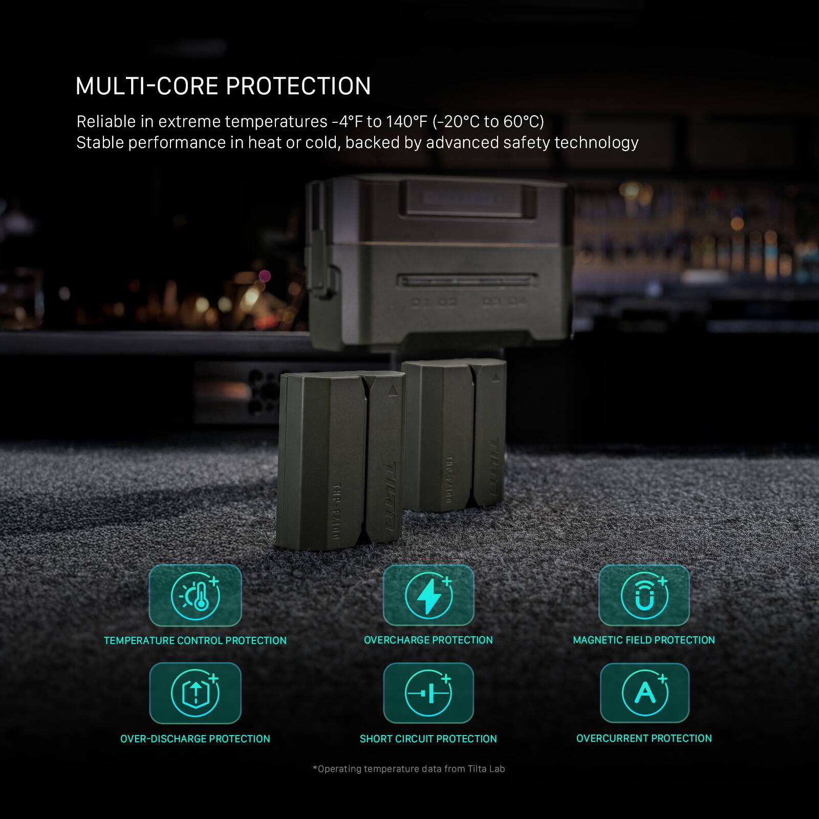 MULTI-CORE PROTECTION  
Reliable in extreme temperatures -4F to 140F (-20C to 60C)  
Stable performance in heat or cold, backed by advanced safety technology  

- TEMPERATURE CONTROL PROTECTION  
- OVERCHARGE PROTECTION  
- MAGNETIC FIELD PROTECTION  
- OVER-DISCHARGE PROTECTION  
- SHORT CIRCUIT PROTECTION  
- OVERCURRENT PROTECTION  

*Operating temperature data from Tilta Lab