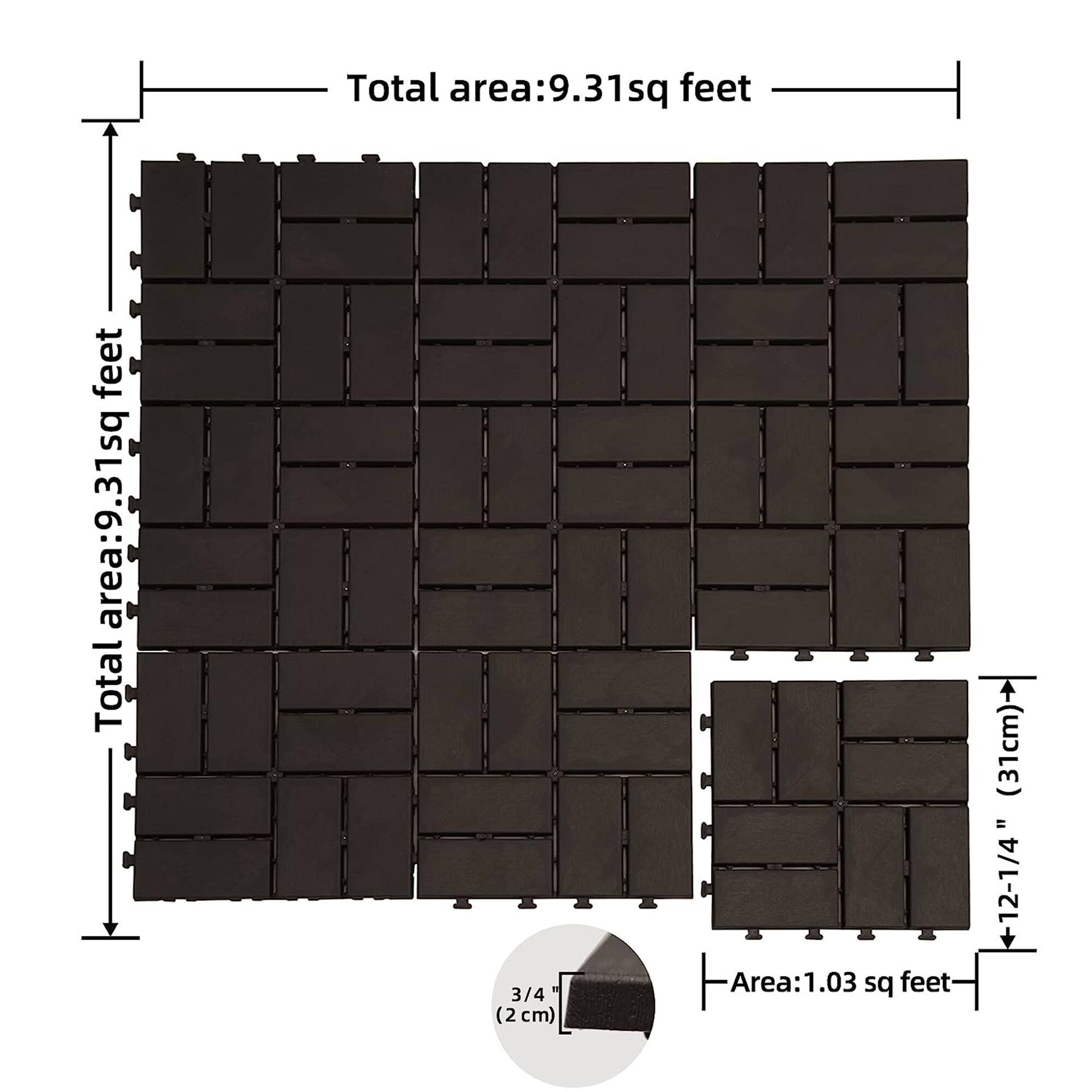 Total area: 9.31 sq feet

Total area: 9.31 sq feet

3/4 (2 cm)

Area: 1.03 sq feet (31 cm)

12-1/4" (31 cm)
