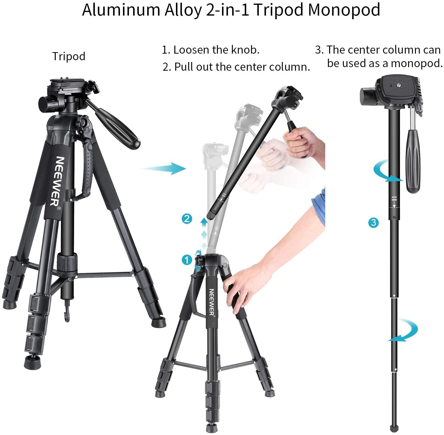 Aluminum Alloy 2-in-1 Tripod Monopod

1. Loosen the knob.
2. Pull out the center column.
3. The center column can be used as a monopod.