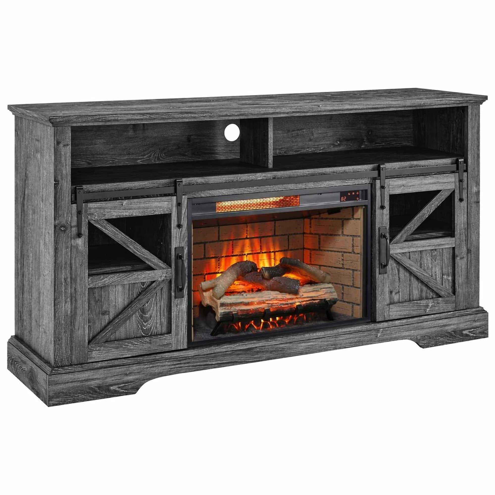 RYHNUYNE - 60" Electric Fireplace Entertainment Center with Door Sensor – Dark Rustic Oak TV Stand for TVs up to 70" - Dark Oak
