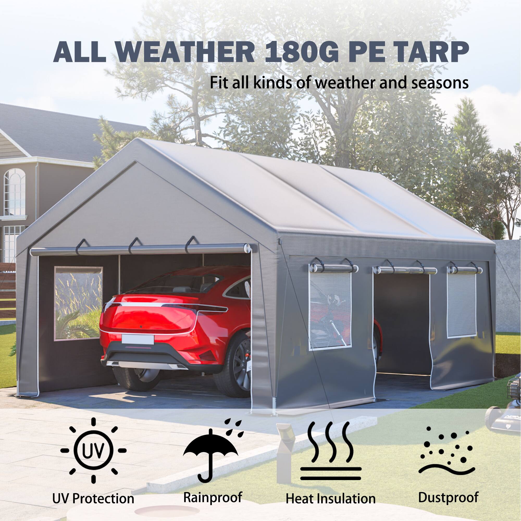 ALL WEATHER 180G PE TARP  
Fit all kinds of weather and seasons  

- UV Protection  
- Rainproof  
- Heat Insulation  
- Dustproof