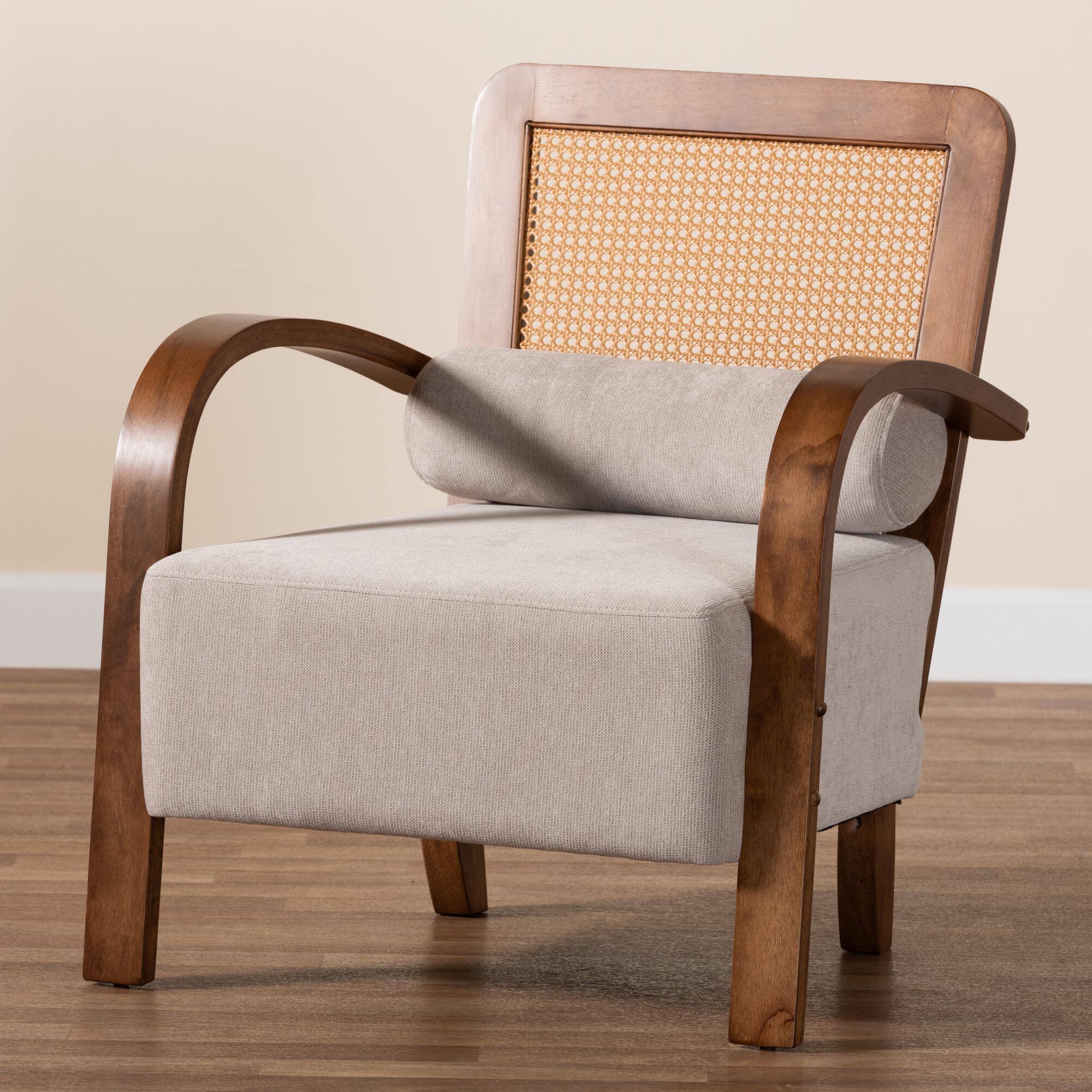 Alt View 5. Baxton Studio - Sage Modern Japandi Fabric and Walnut Finished Wood Arm Chair with Woven Rattan - Light Grey/Walnut Brown/Natural Brown.